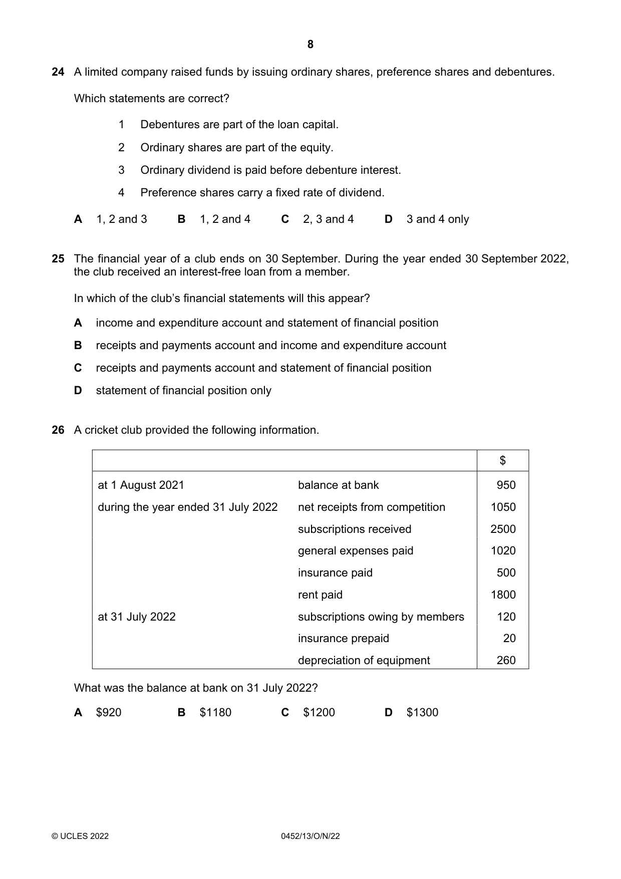 Cambridge IGCSE Accounting 0452 2022 Oct/Nov Paper 1 · Variant 3 question paper, page 8 of 12