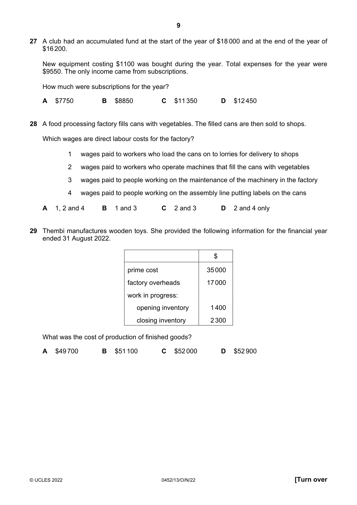 Cambridge IGCSE Accounting 0452 2022 Oct/Nov Paper 1 · Variant 3 question paper, page 9 of 12