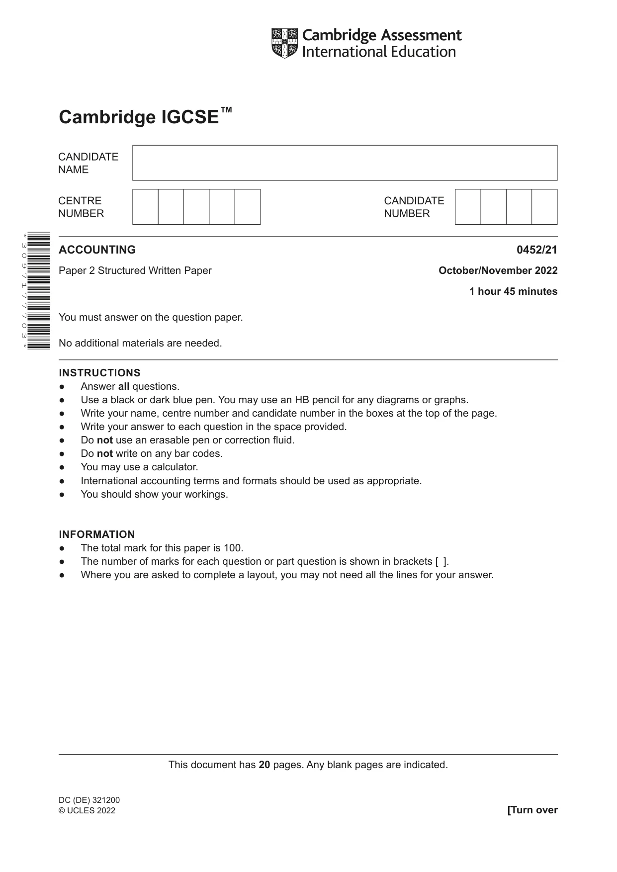 Cambridge IGCSE Accounting 0452 2022 Oct/Nov Paper 2 · Variant 1 question paper, page 1 of 20