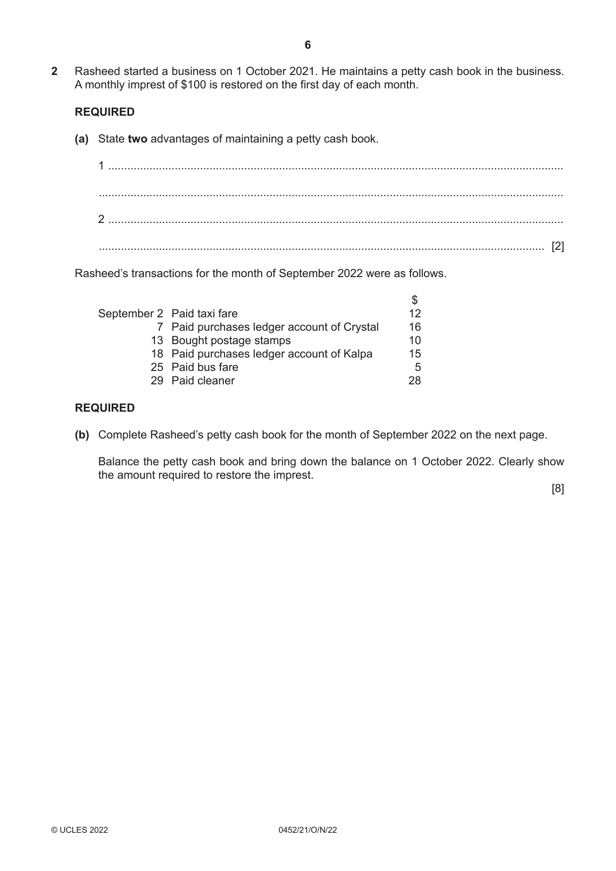 Cambridge IGCSE Accounting 0452 2022 Oct/Nov Paper 2 · Variant 1 question paper, page 6 of 20