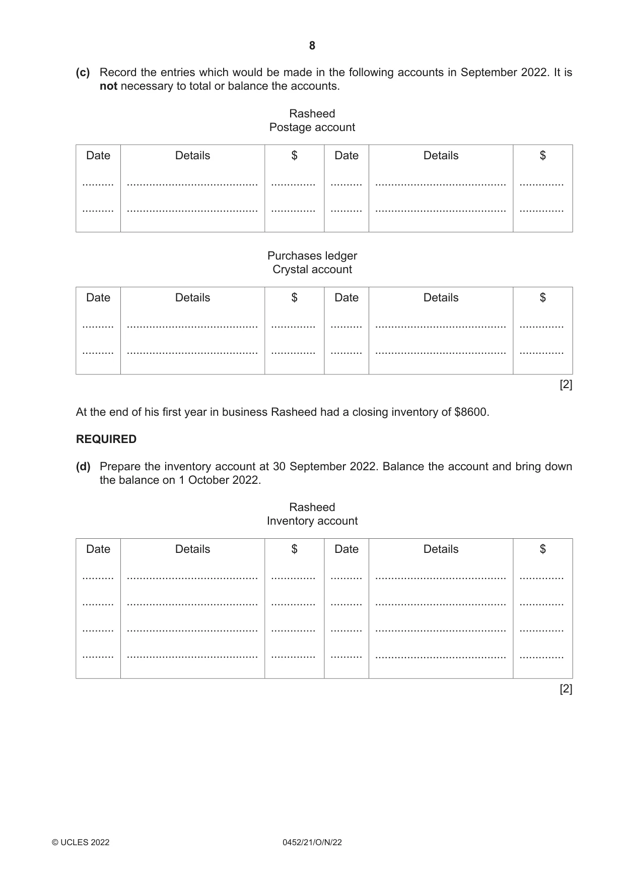 Cambridge IGCSE Accounting 0452 2022 Oct/Nov Paper 2 · Variant 1 question paper, page 8 of 20