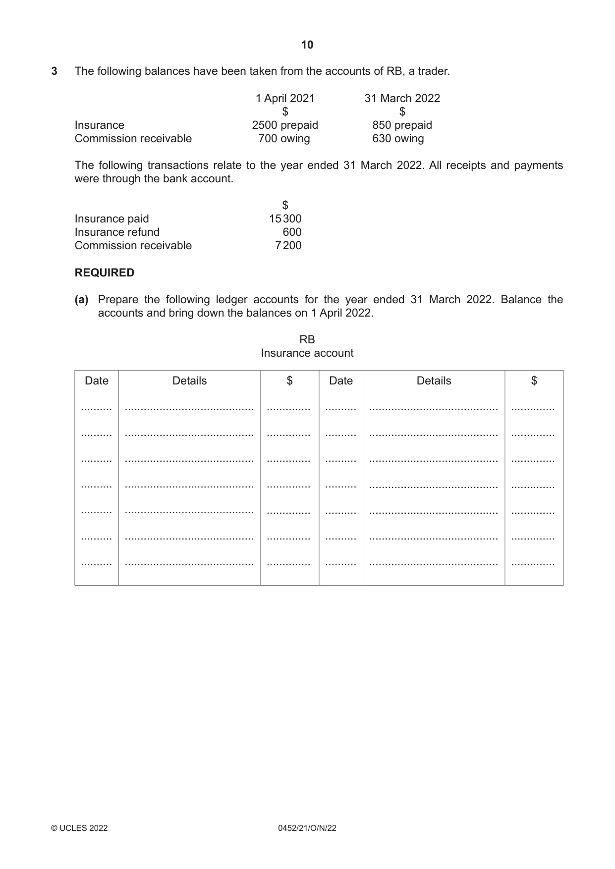 Cambridge IGCSE Accounting 0452 2022 Oct/Nov Paper 2 · Variant 1 question paper, page 10 of 20