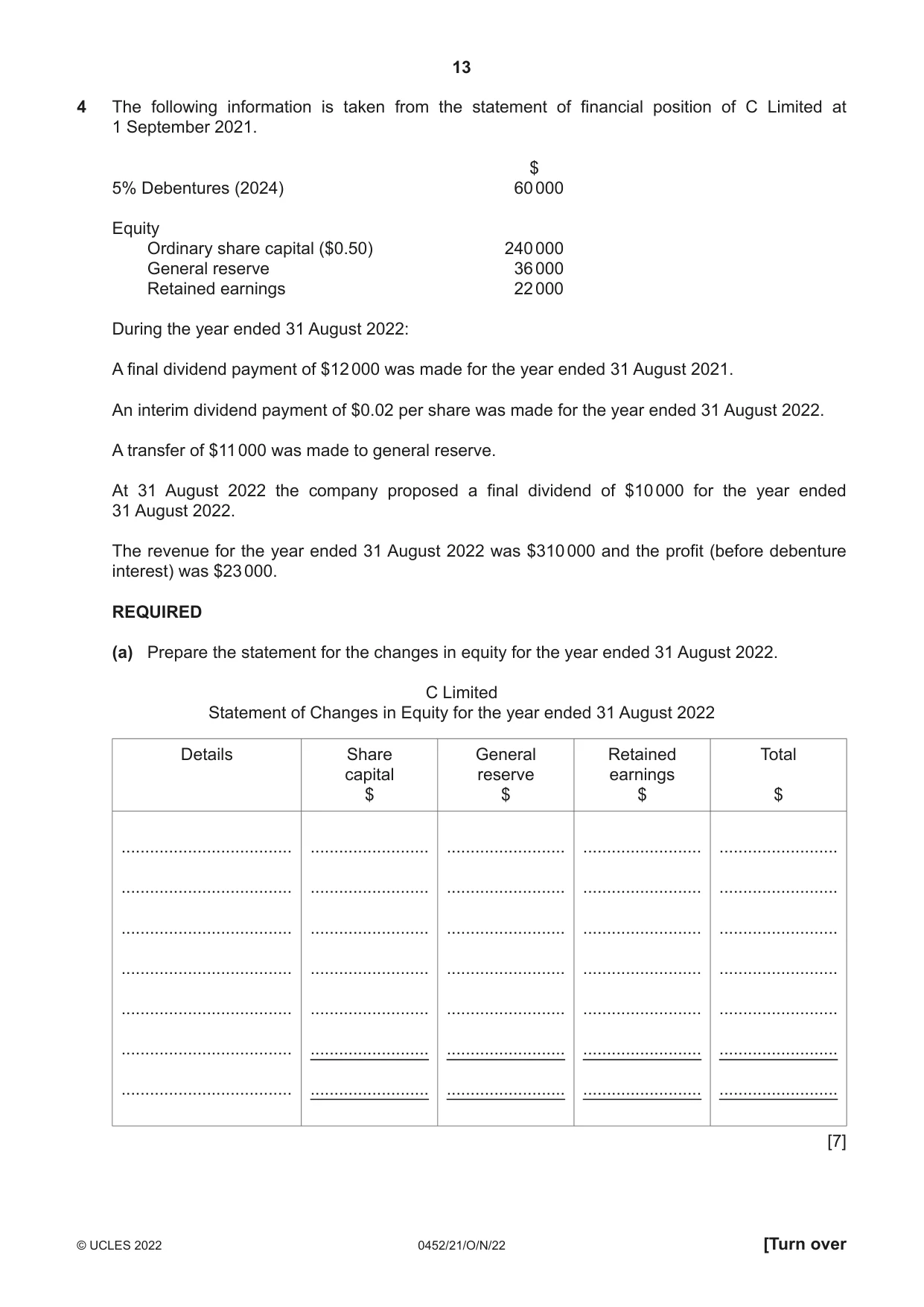 Cambridge IGCSE Accounting 0452 2022 Oct/Nov Paper 2 · Variant 1 question paper, page 13 of 20