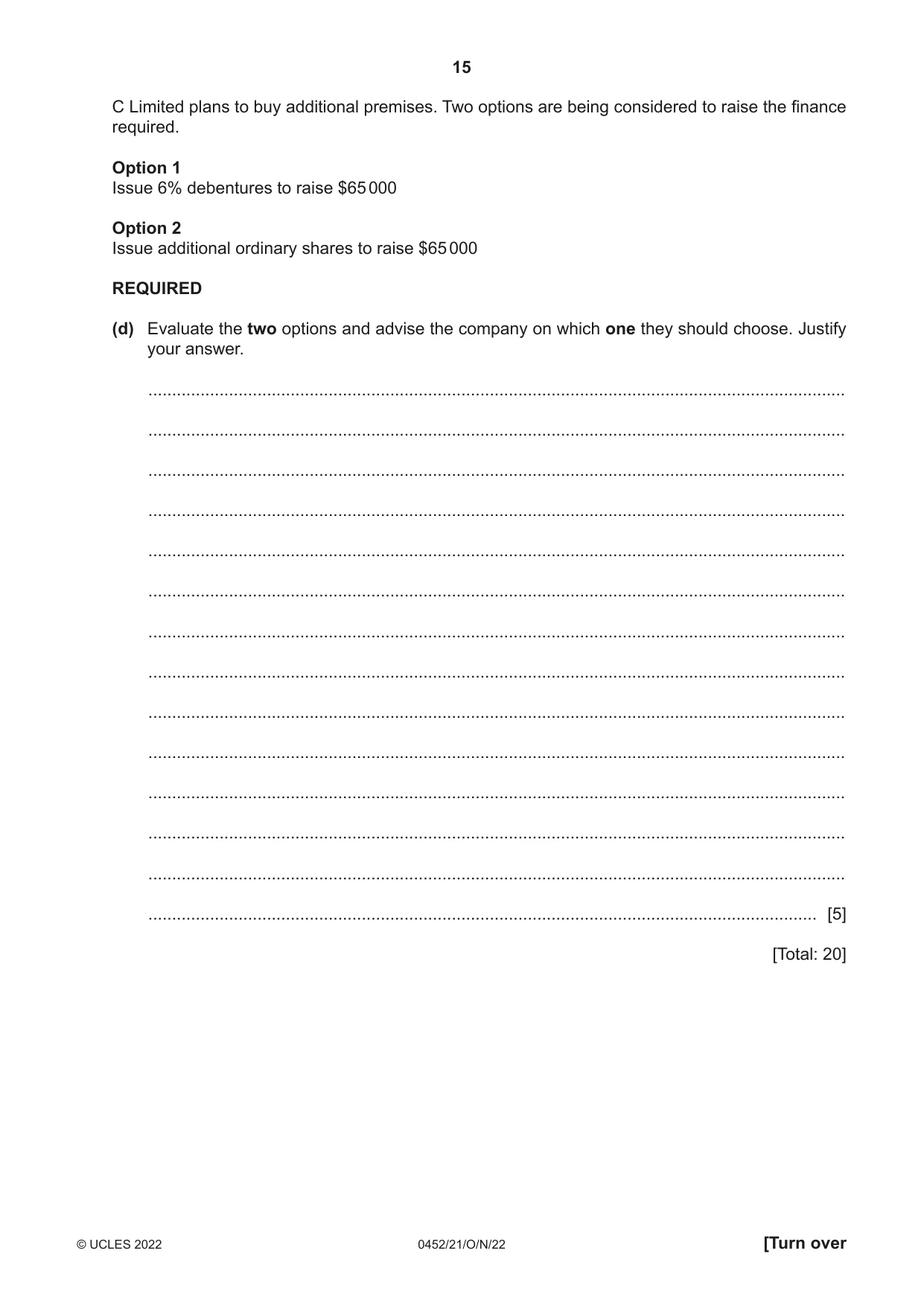 Cambridge IGCSE Accounting 0452 2022 Oct/Nov Paper 2 · Variant 1 question paper, page 15 of 20
