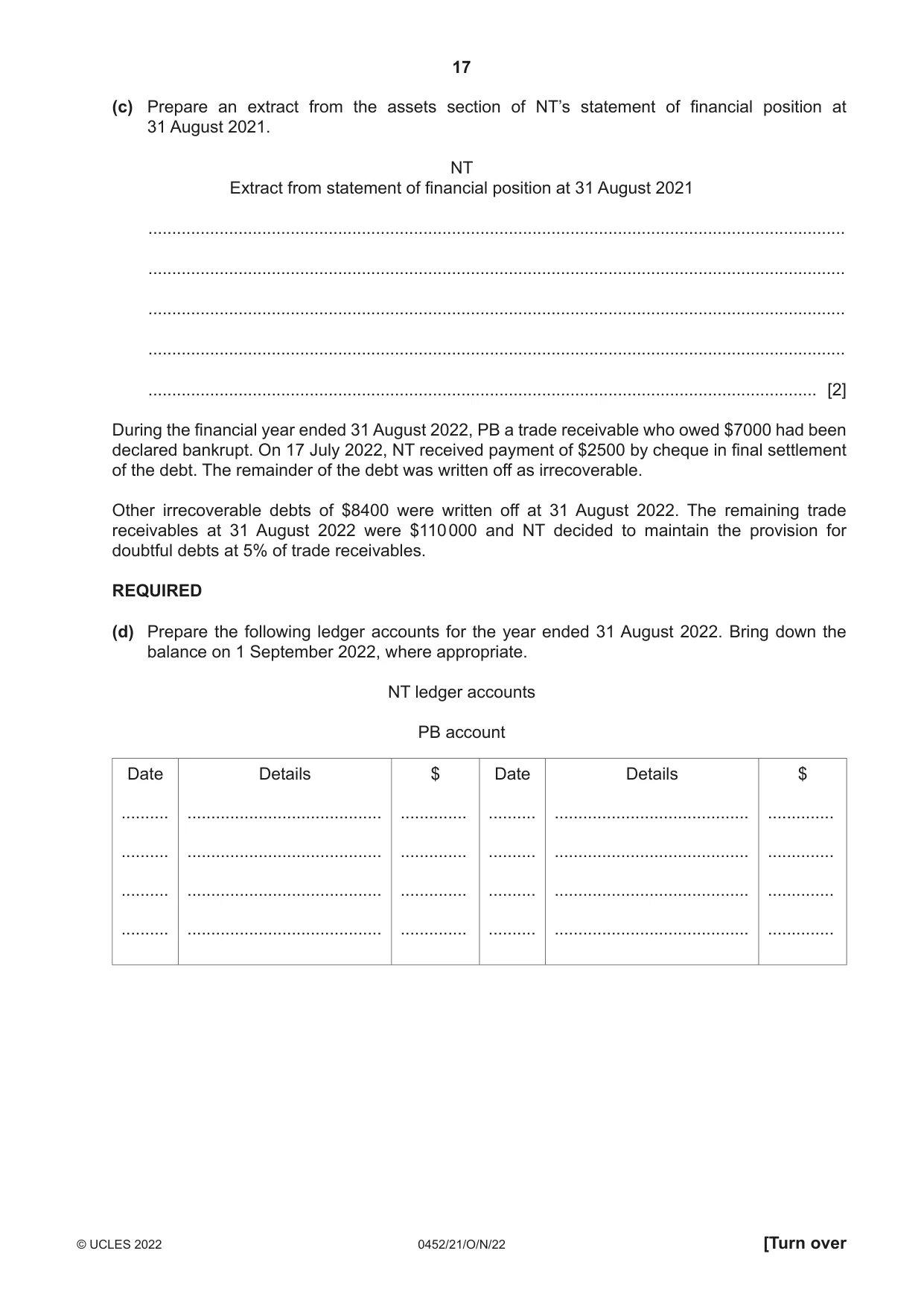 Cambridge IGCSE Accounting 0452 2022 Oct/Nov Paper 2 · Variant 1 question paper, page 17 of 20