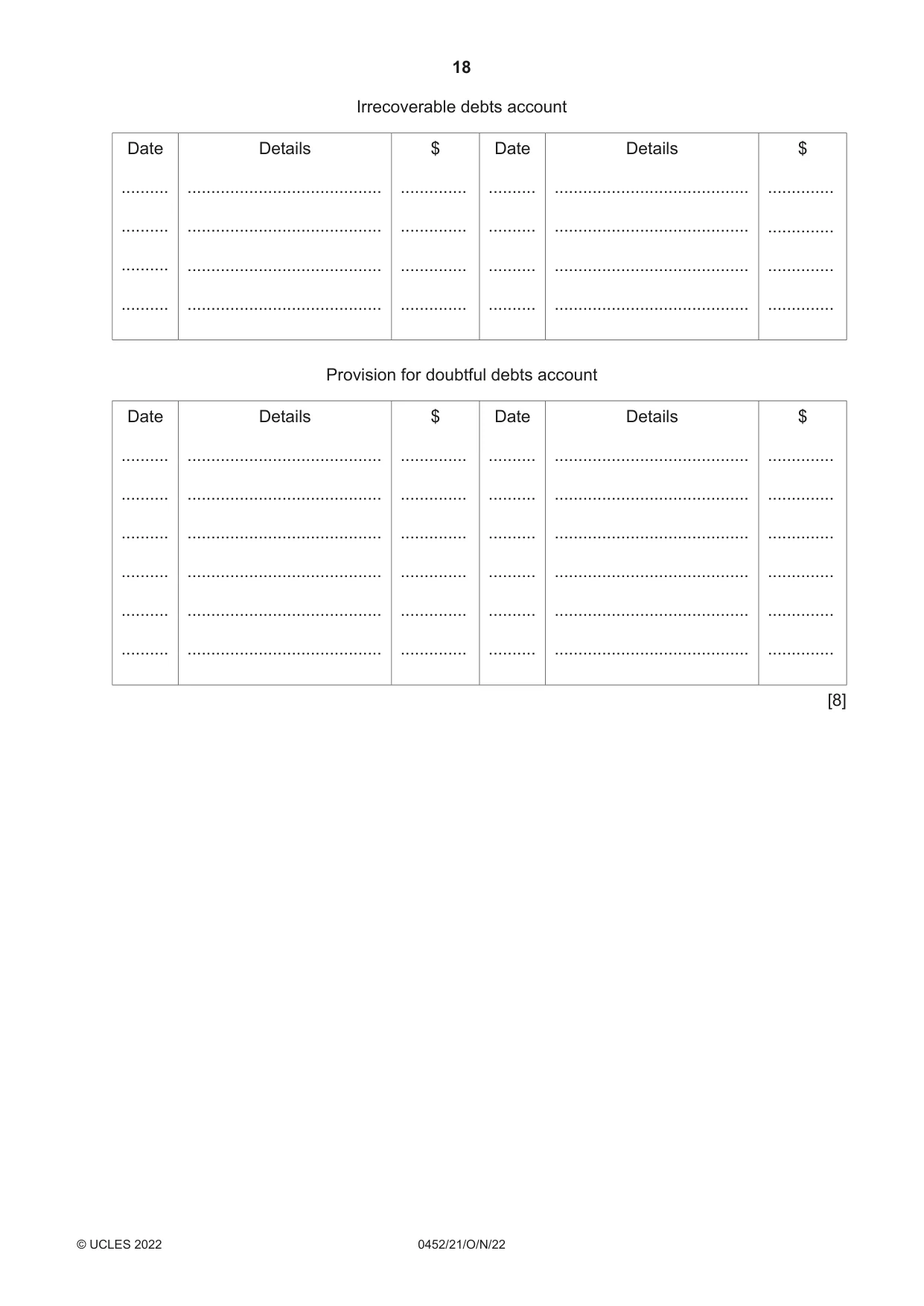Cambridge IGCSE Accounting 0452 2022 Oct/Nov Paper 2 · Variant 1 question paper, page 18 of 20