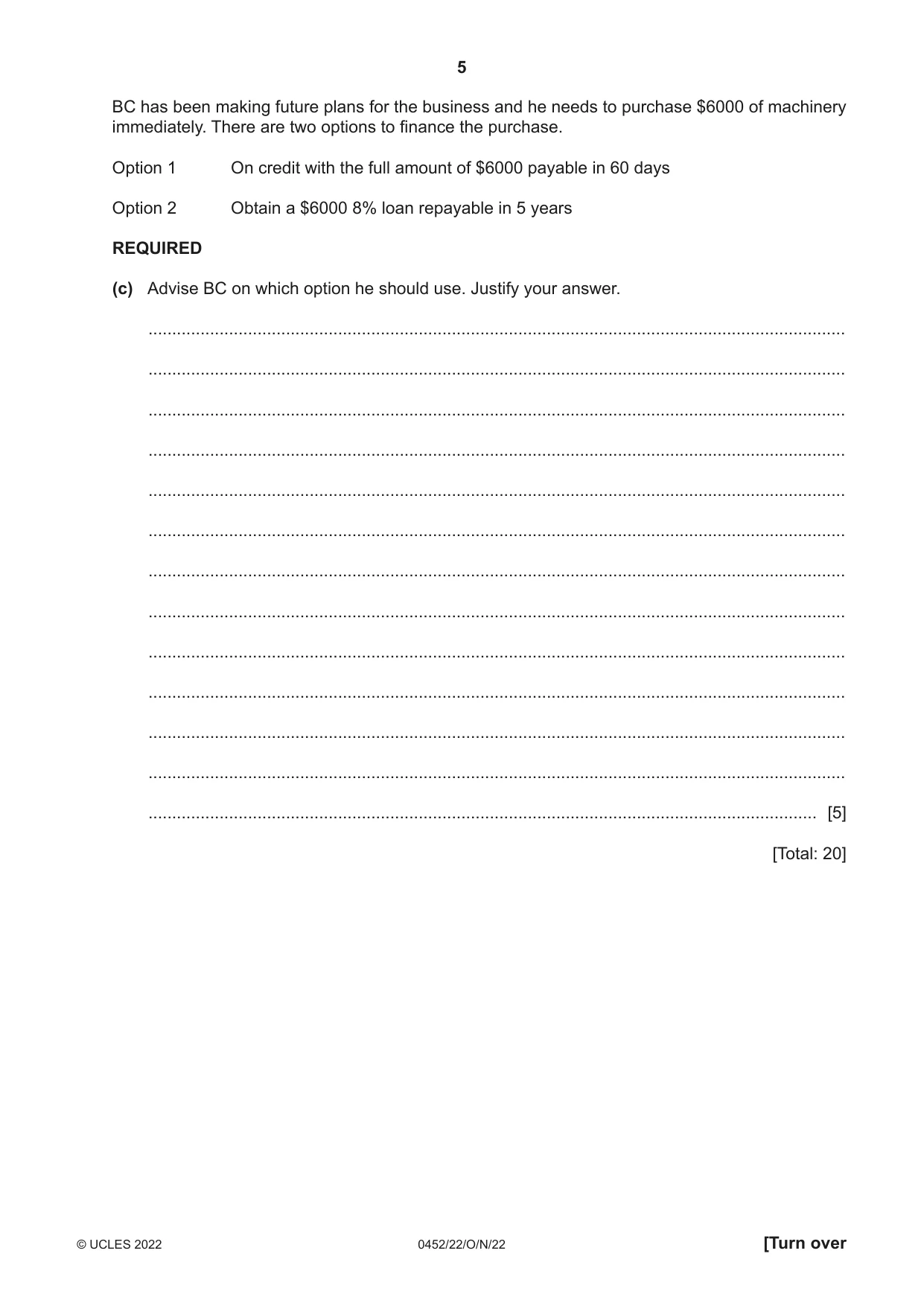 Cambridge IGCSE Accounting 0452 2022 Oct/Nov Paper 2 · Variant 2 question paper, page 5 of 20