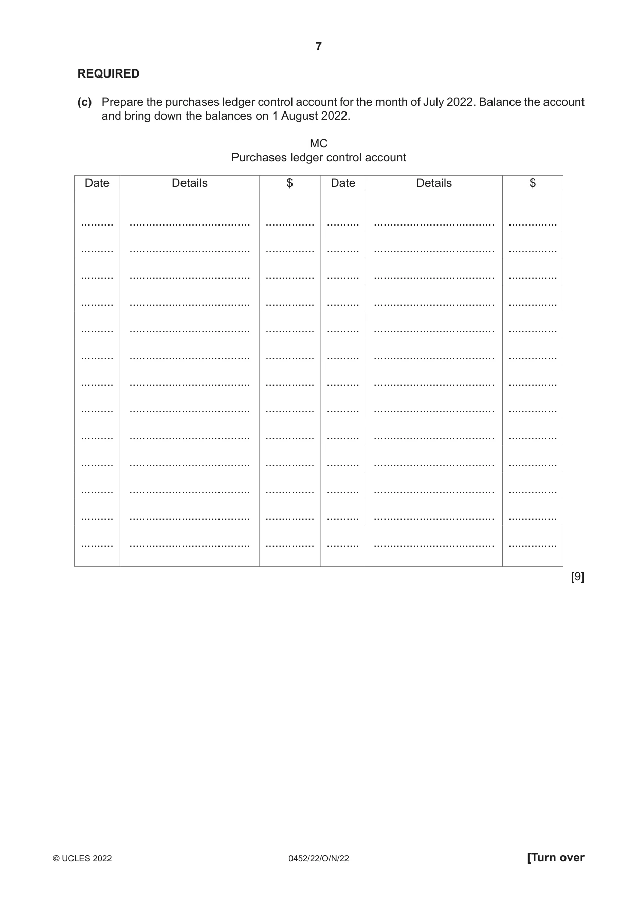 Cambridge IGCSE Accounting 0452 2022 Oct/Nov Paper 2 · Variant 2 question paper, page 7 of 20