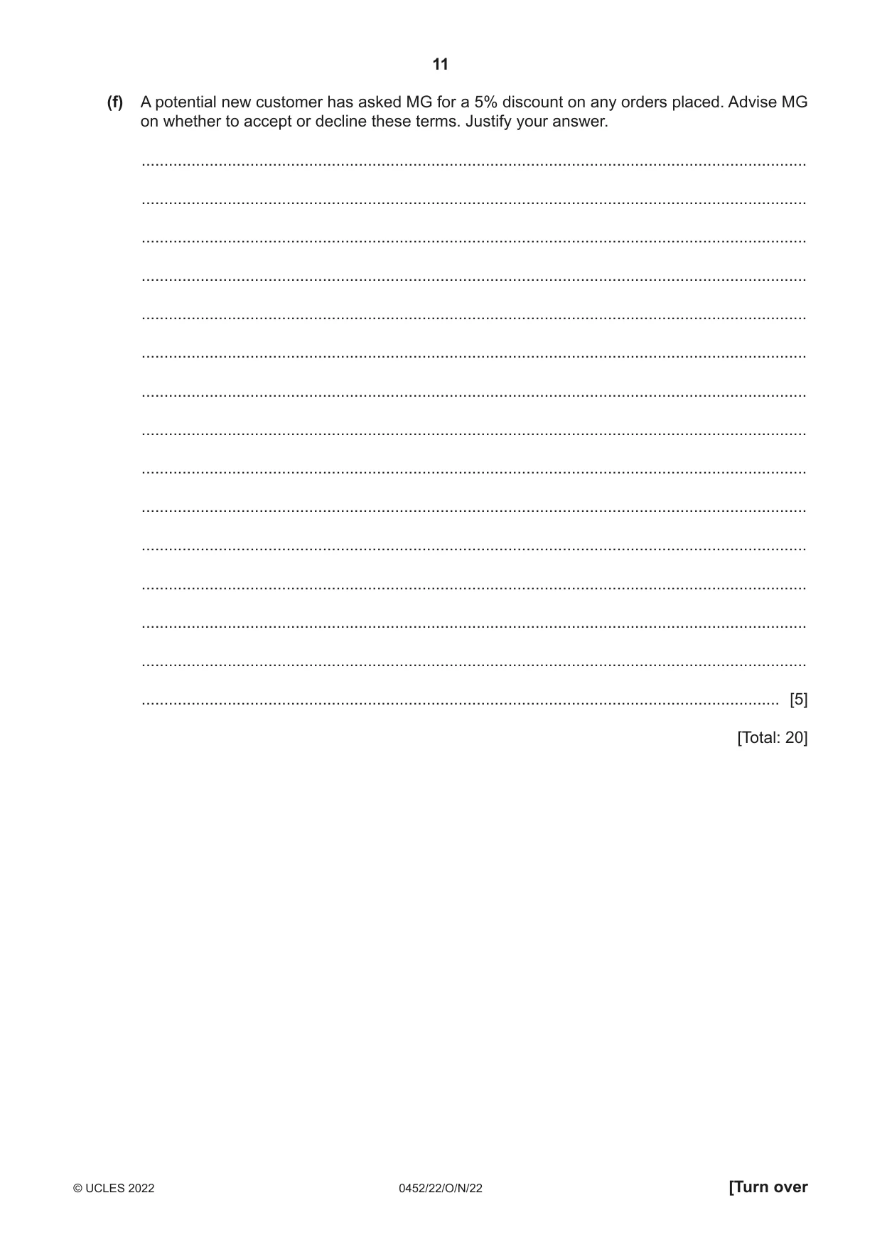 Cambridge IGCSE Accounting 0452 2022 Oct/Nov Paper 2 · Variant 2 question paper, page 11 of 20