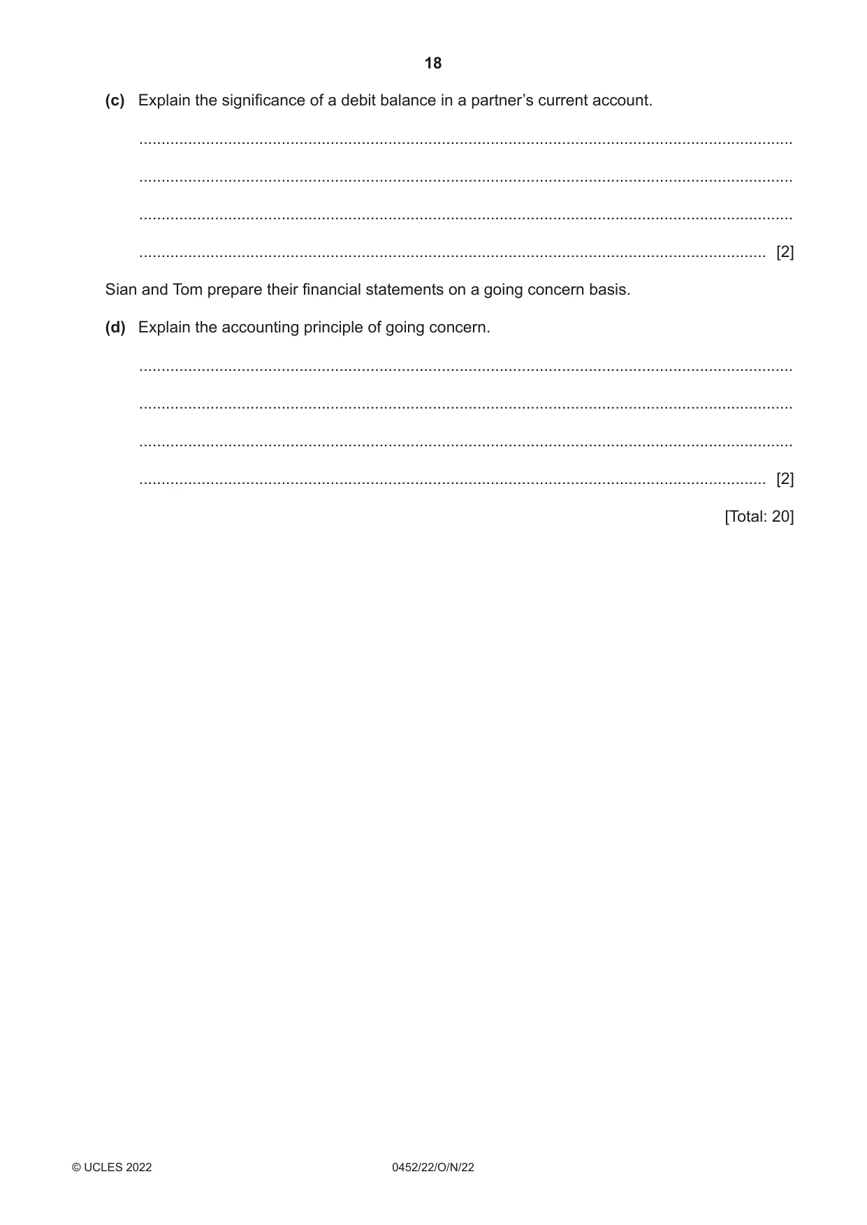 Cambridge IGCSE Accounting 0452 2022 Oct/Nov Paper 2 · Variant 2 question paper, page 18 of 20