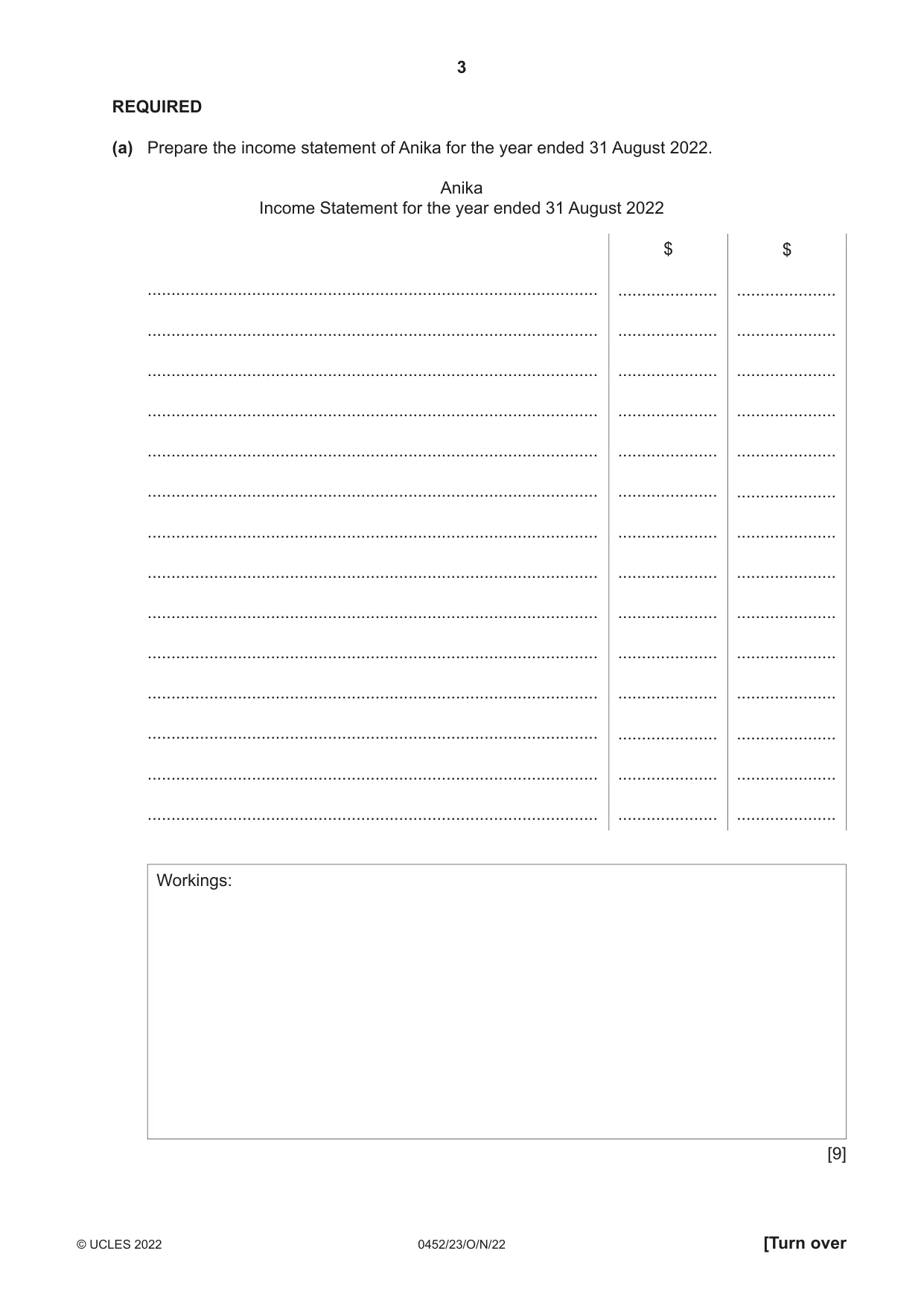 Cambridge IGCSE Accounting 0452 2022 Oct/Nov Paper 2 · Variant 3 question paper, page 3 of 20