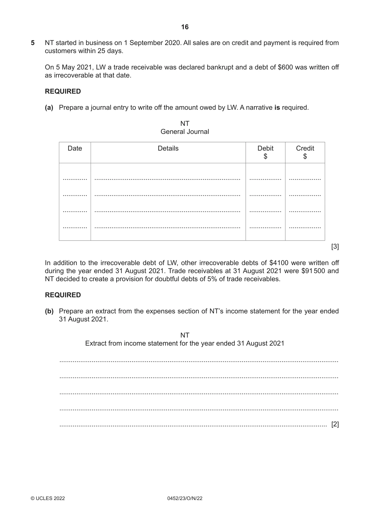 Cambridge IGCSE Accounting 0452 2022 Oct/Nov Paper 2 · Variant 3 question paper, page 16 of 20