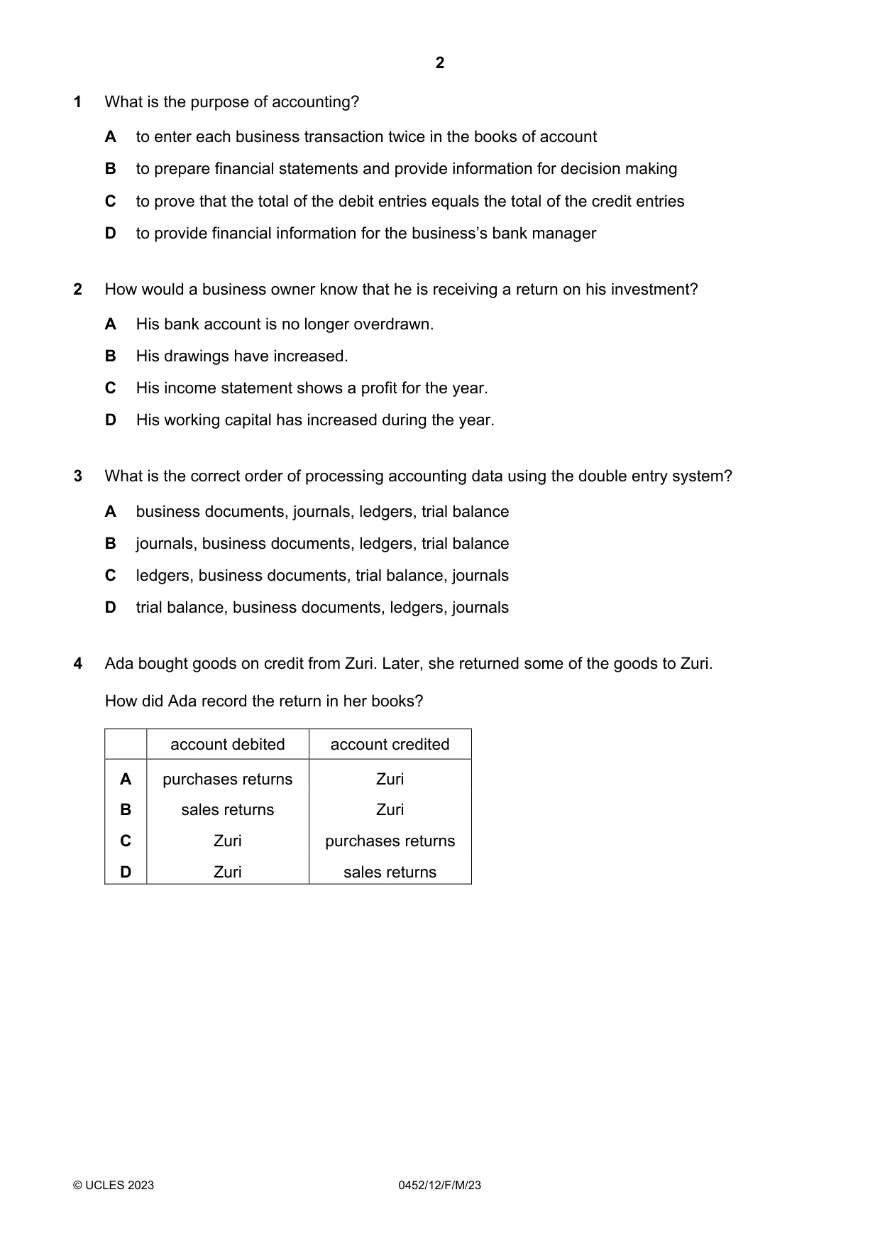 Cambridge IGCSE Accounting 0452 2023 Feb/March Paper 1 · Variant 2 question paper, page 2 of 16