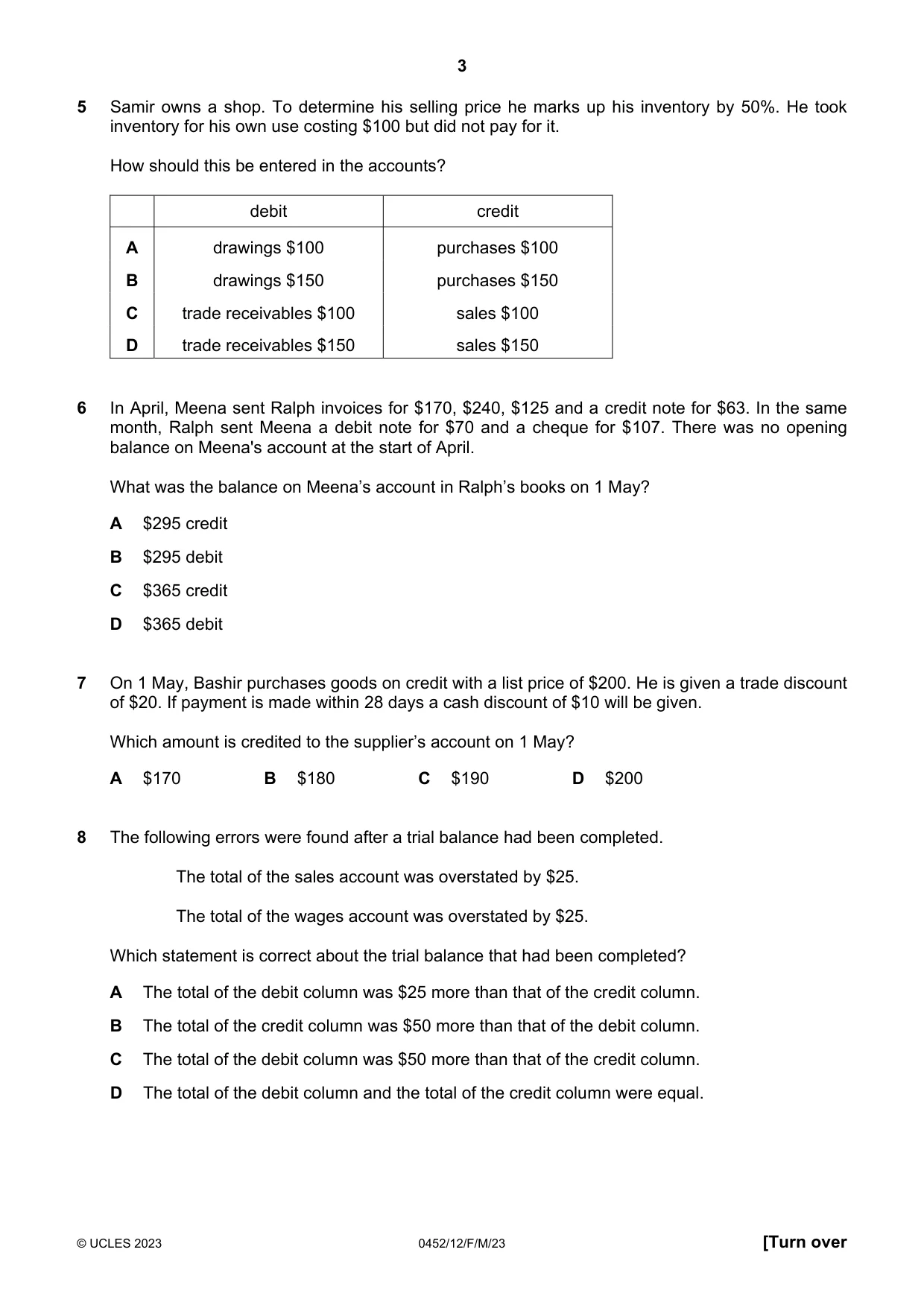 Cambridge IGCSE Accounting 0452 2023 Feb/March Paper 1 · Variant 2 question paper, page 3 of 16