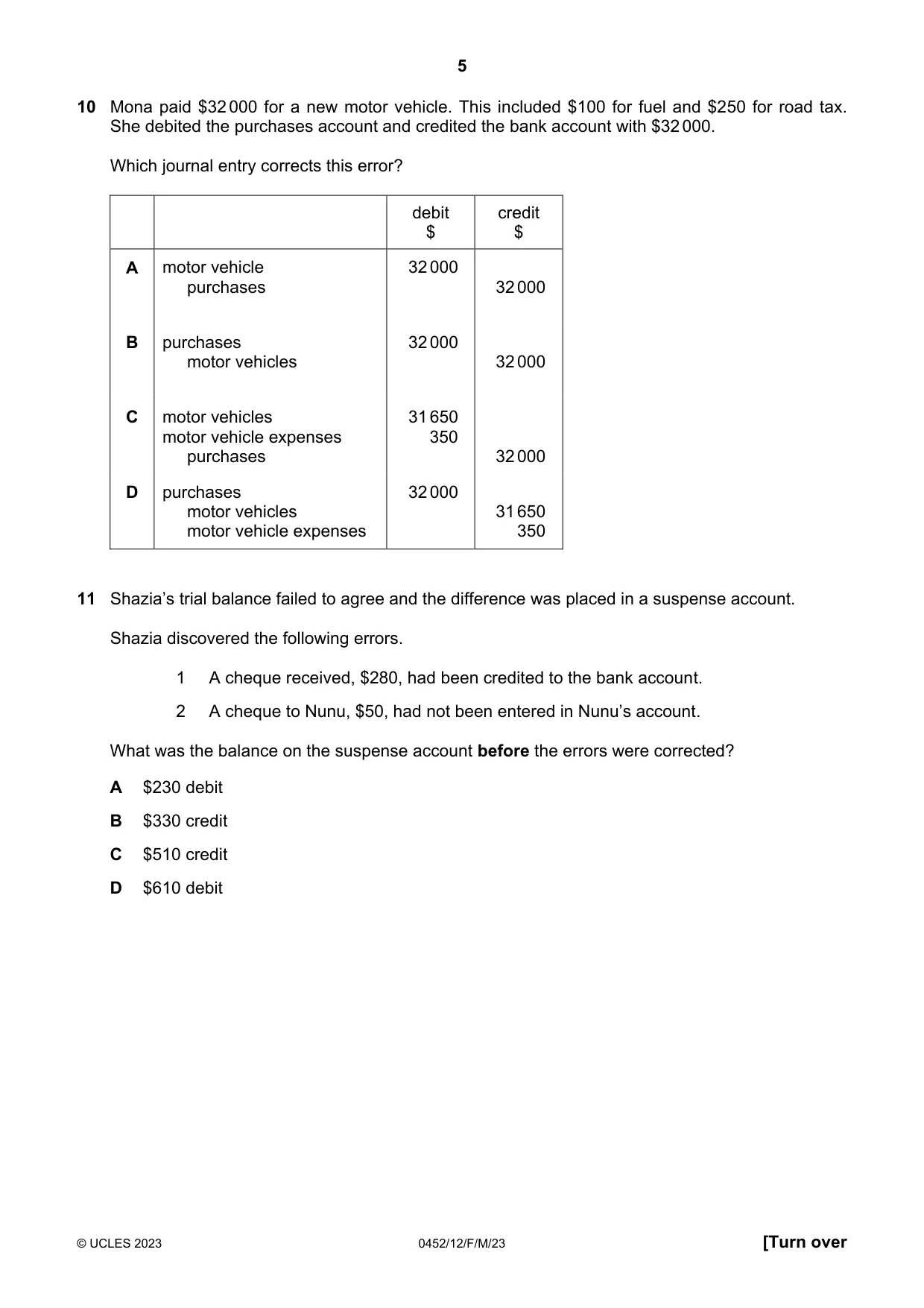 Cambridge IGCSE Accounting 0452 2023 Feb/March Paper 1 · Variant 2 question paper, page 5 of 16