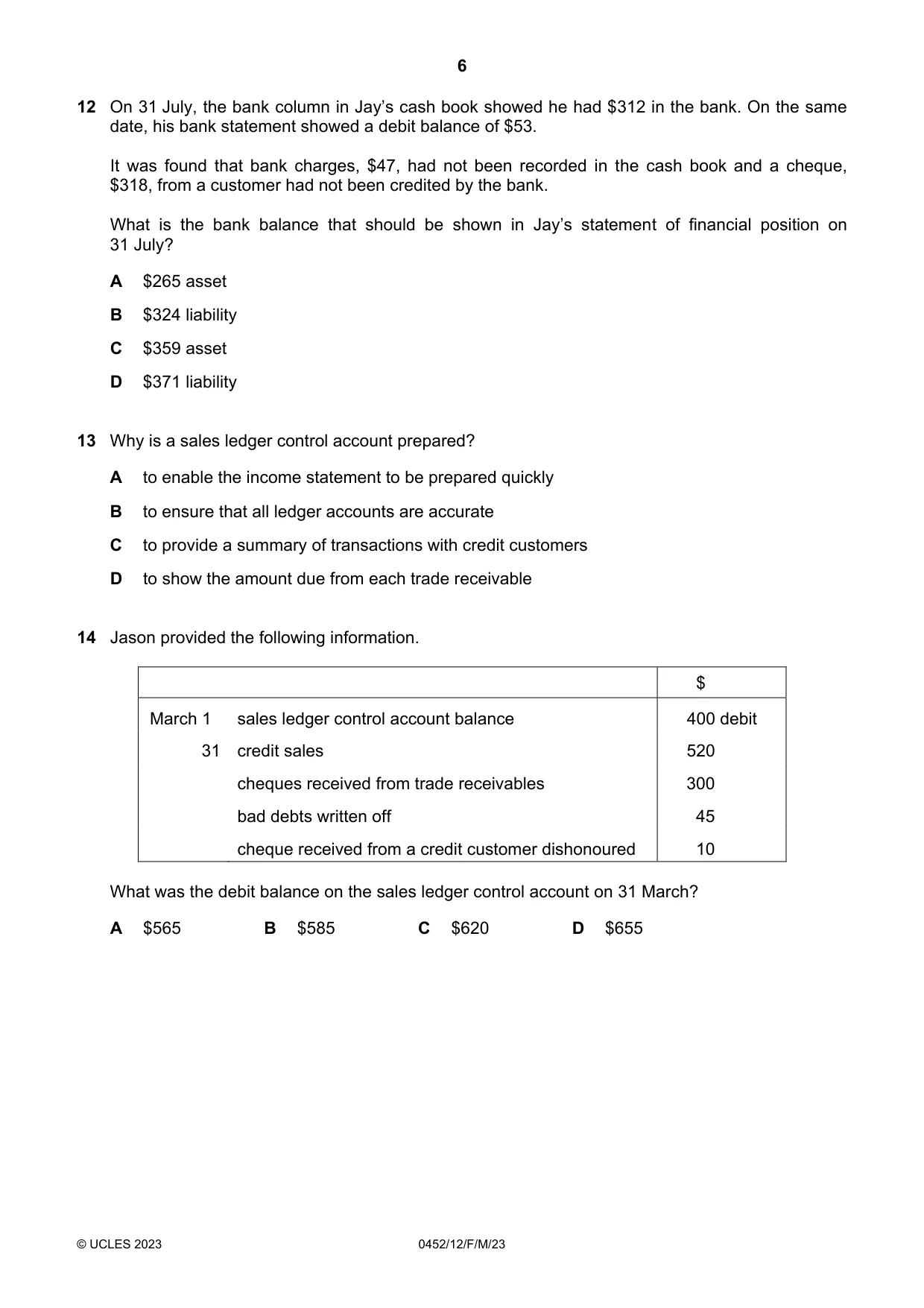 Cambridge IGCSE Accounting 0452 2023 Feb/March Paper 1 · Variant 2 question paper, page 6 of 16