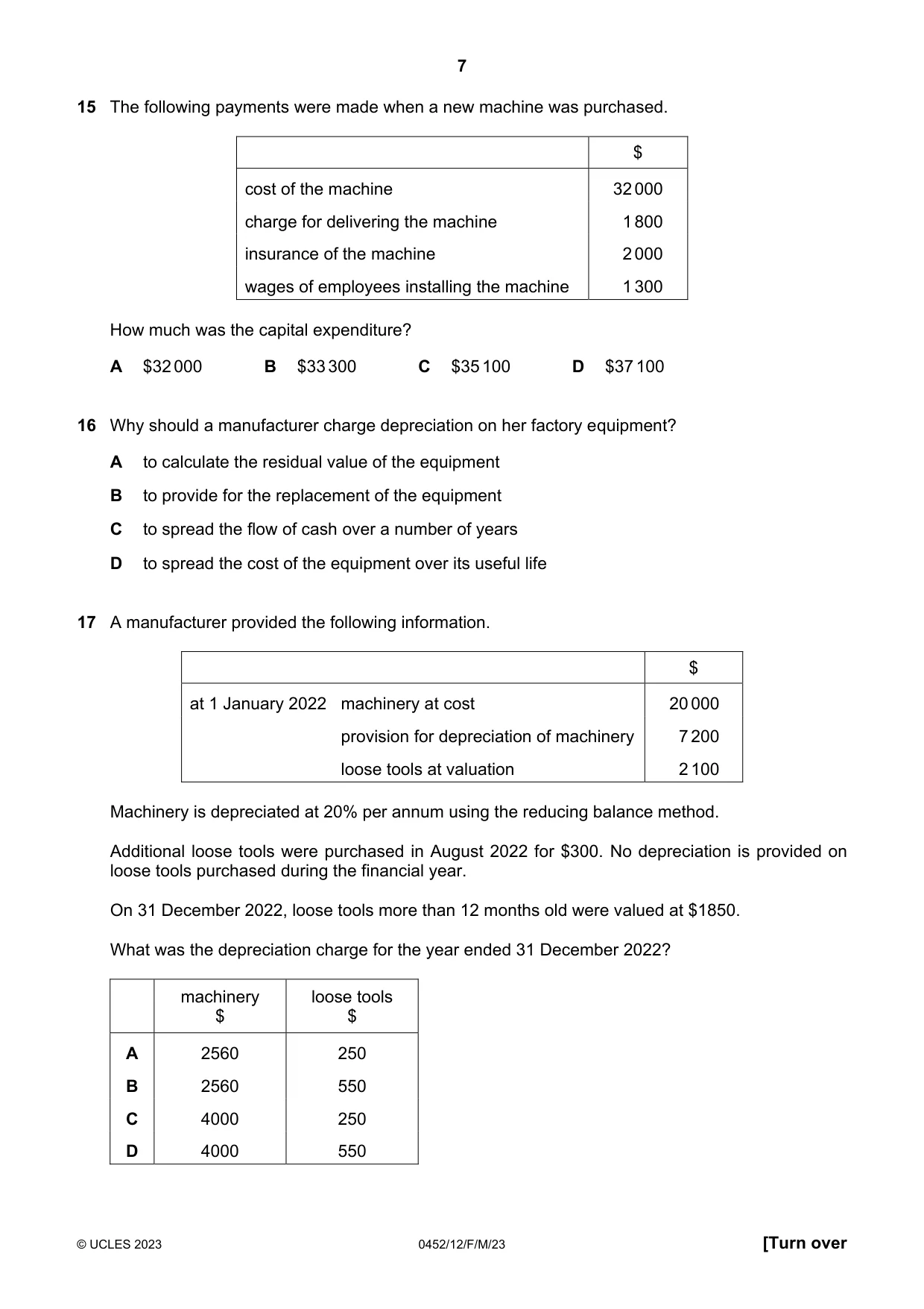 Cambridge IGCSE Accounting 0452 2023 Feb/March Paper 1 · Variant 2 question paper, page 7 of 16