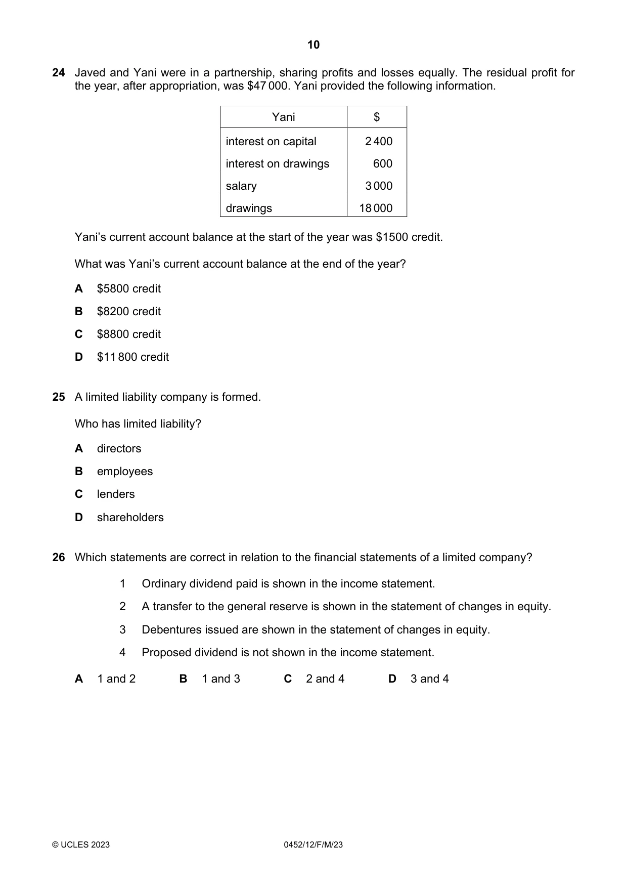Cambridge IGCSE Accounting 0452 2023 Feb/March Paper 1 · Variant 2 question paper, page 10 of 16