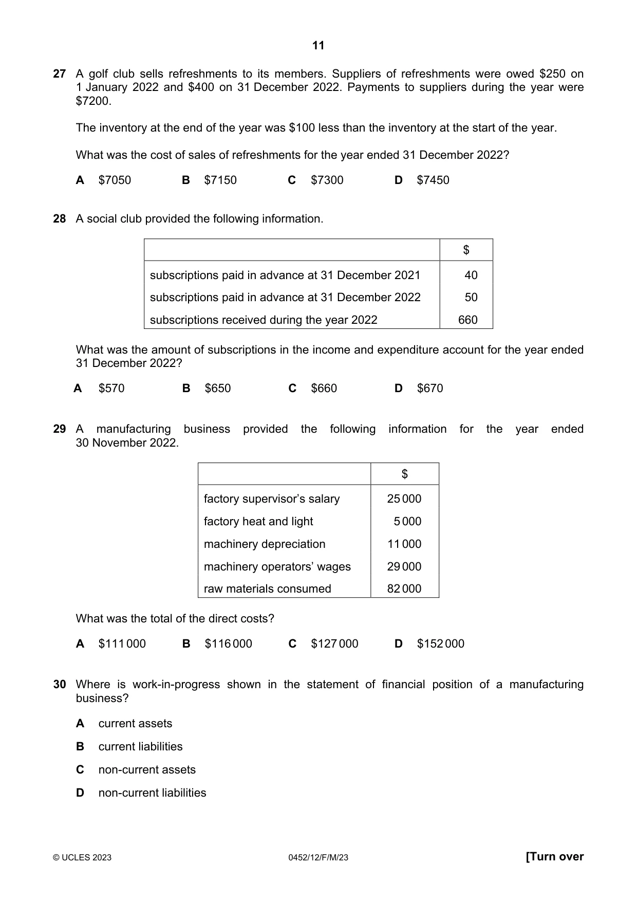 Cambridge IGCSE Accounting 0452 2023 Feb/March Paper 1 · Variant 2 question paper, page 11 of 16