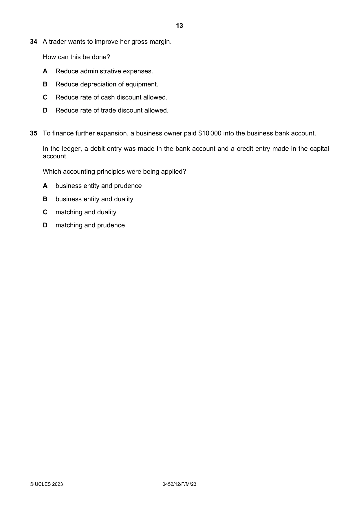 Cambridge IGCSE Accounting 0452 2023 Feb/March Paper 1 · Variant 2 question paper, page 13 of 16