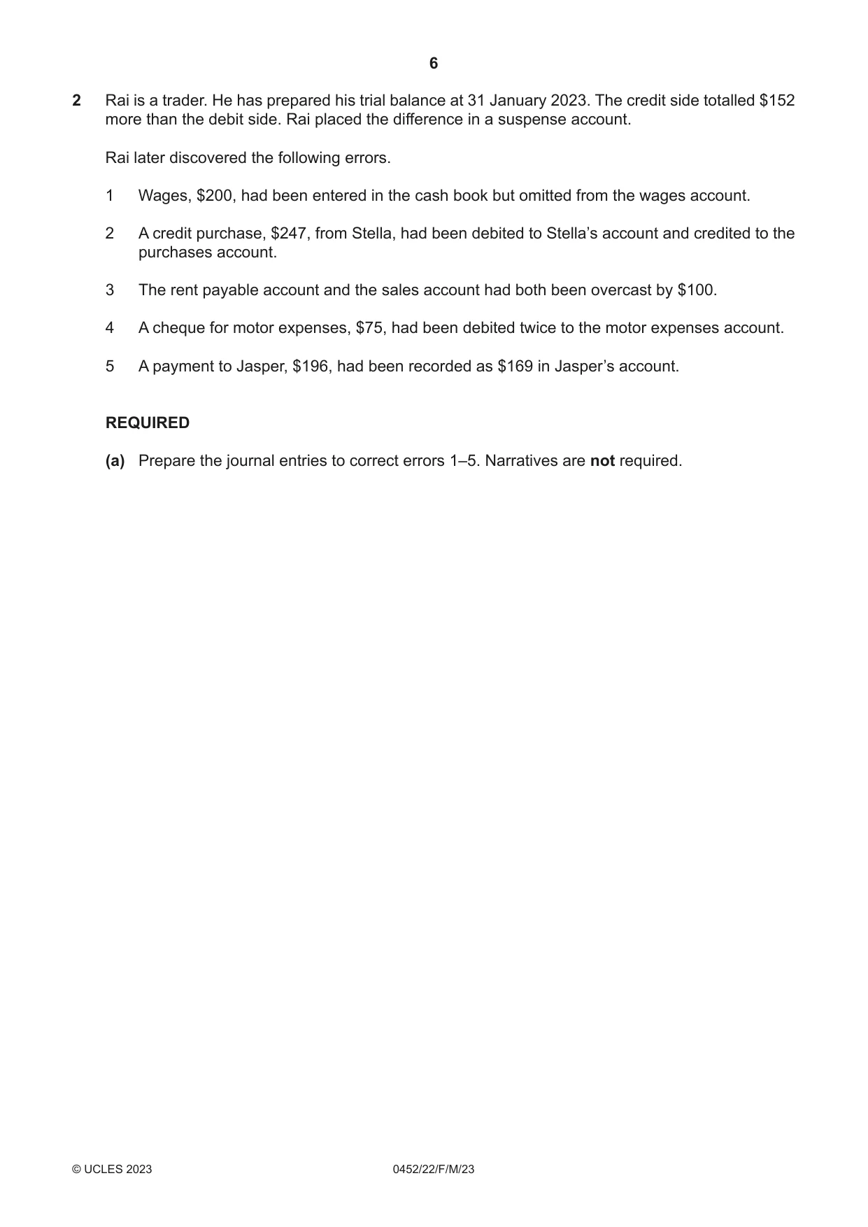 Cambridge IGCSE Accounting 0452 2023 Feb/March Paper 2 · Variant 2 question paper, page 6 of 24