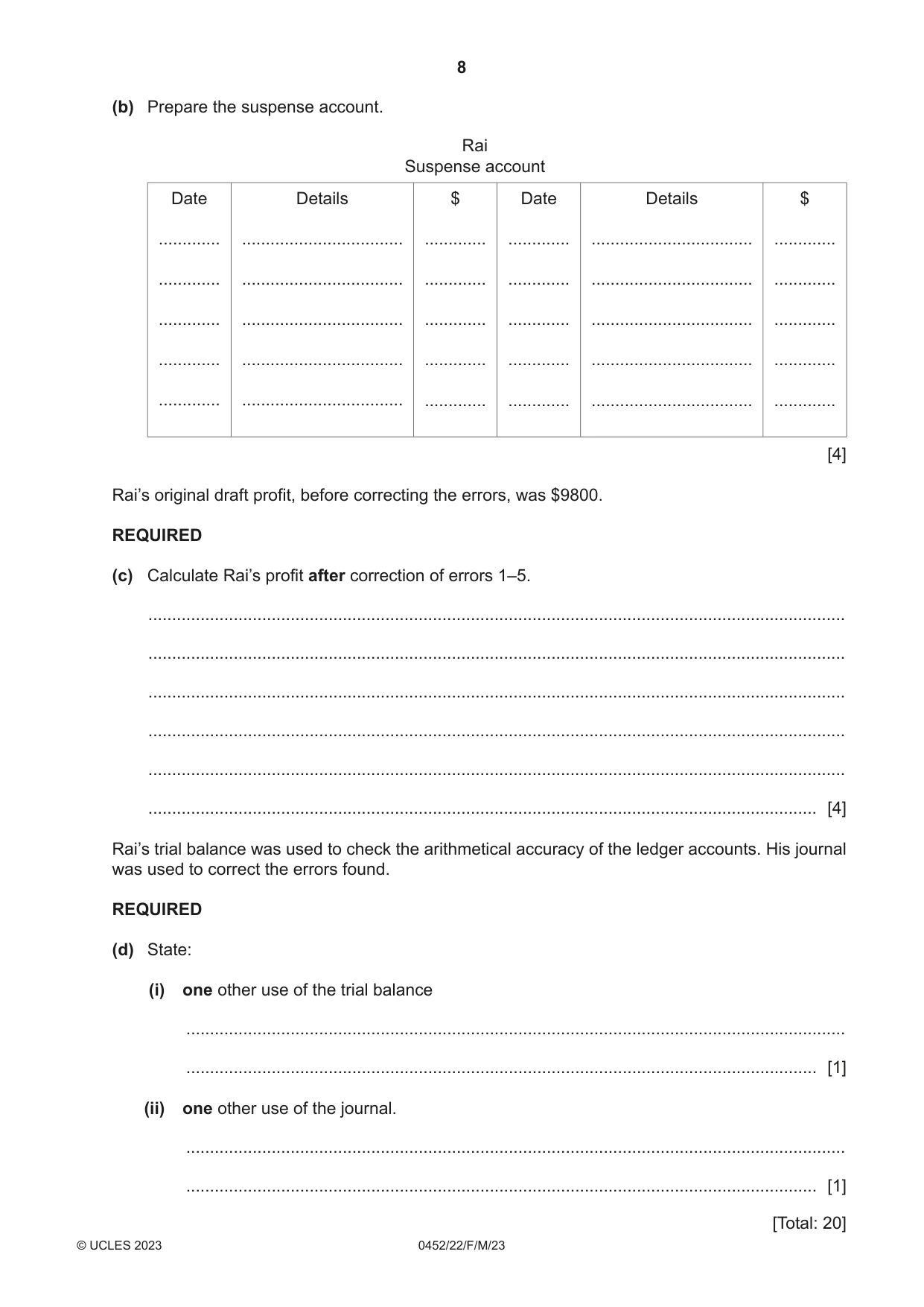 Cambridge IGCSE Accounting 0452 2023 Feb/March Paper 2 · Variant 2 question paper, page 8 of 24