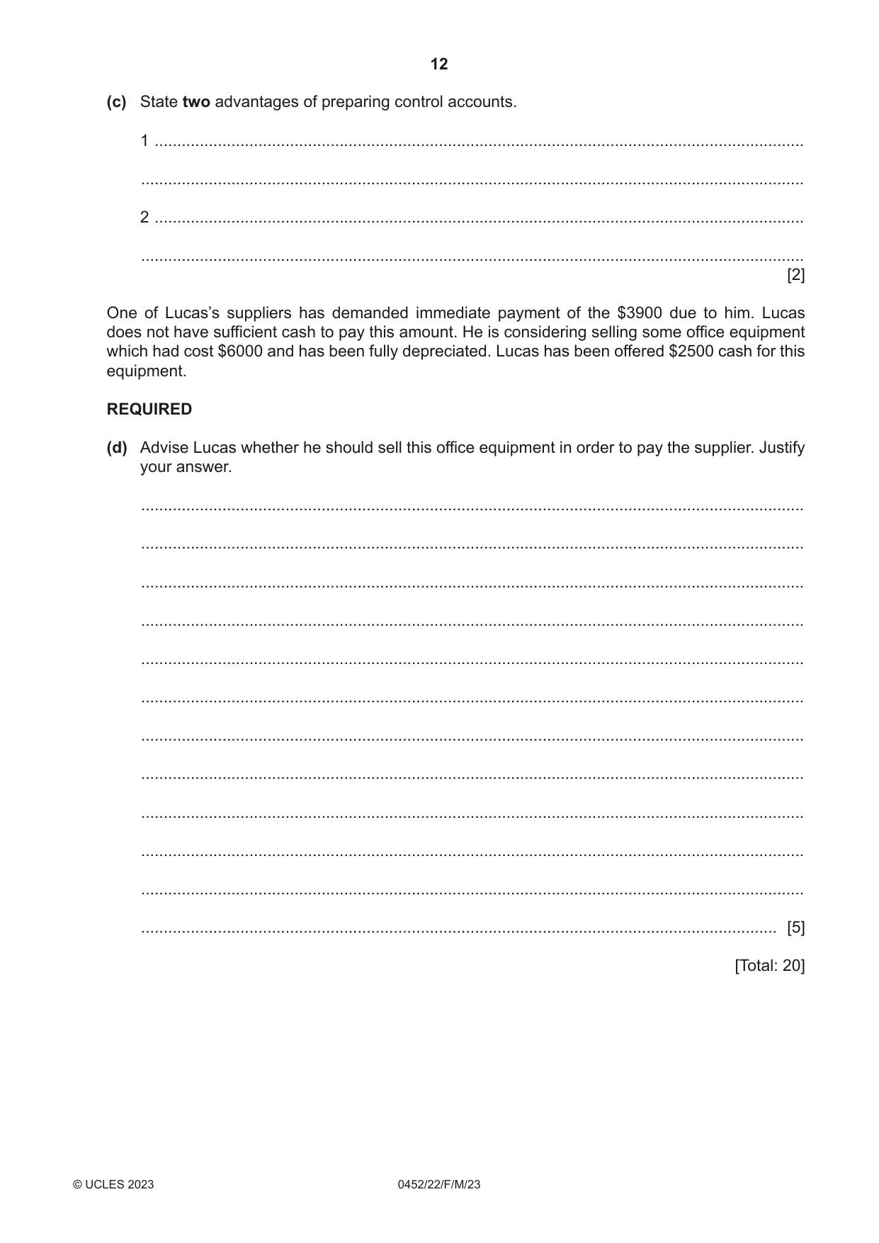 Cambridge IGCSE Accounting 0452 2023 Feb/March Paper 2 · Variant 2 question paper, page 12 of 24