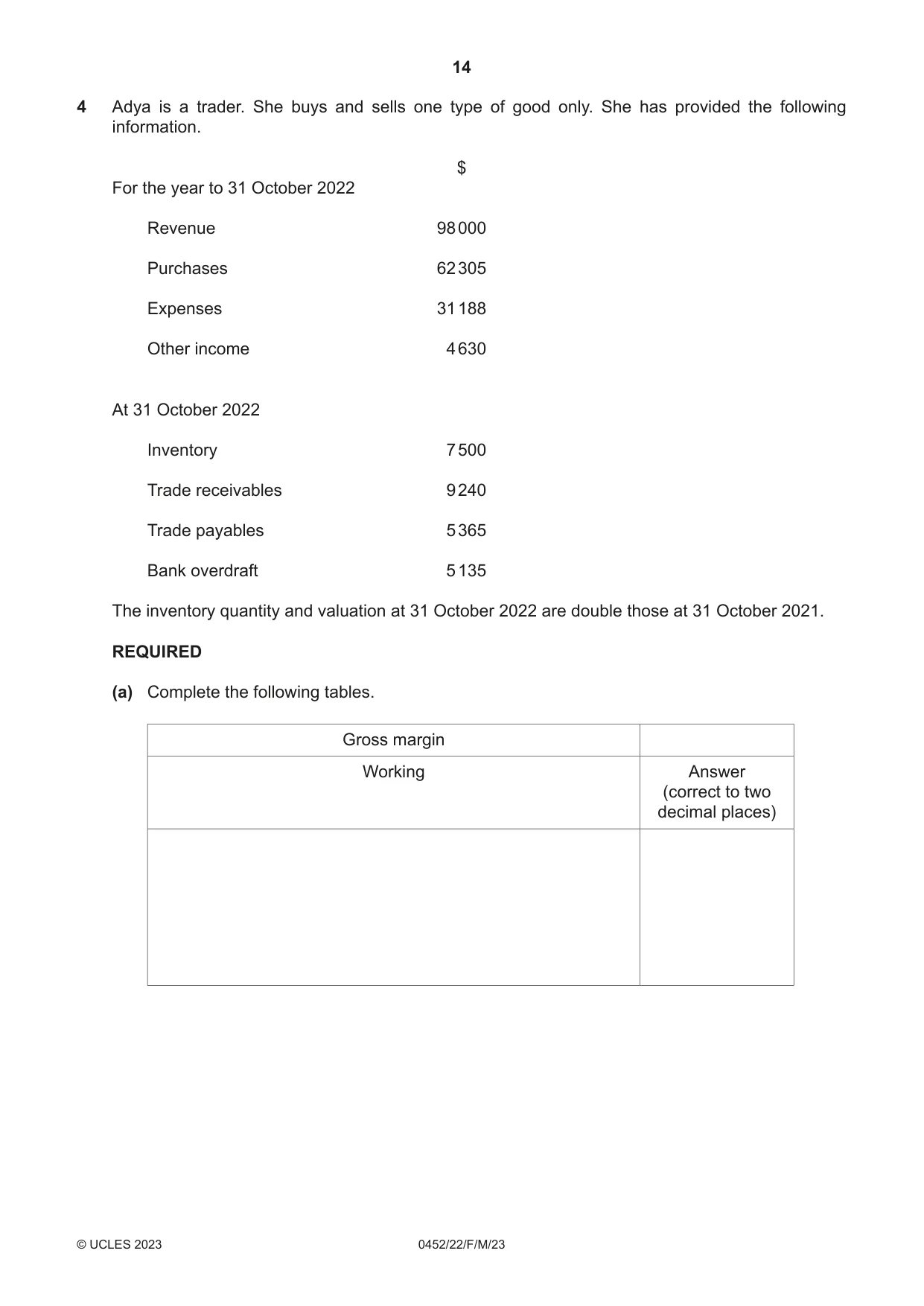 Cambridge IGCSE Accounting 0452 2023 Feb/March Paper 2 · Variant 2 question paper, page 14 of 24
