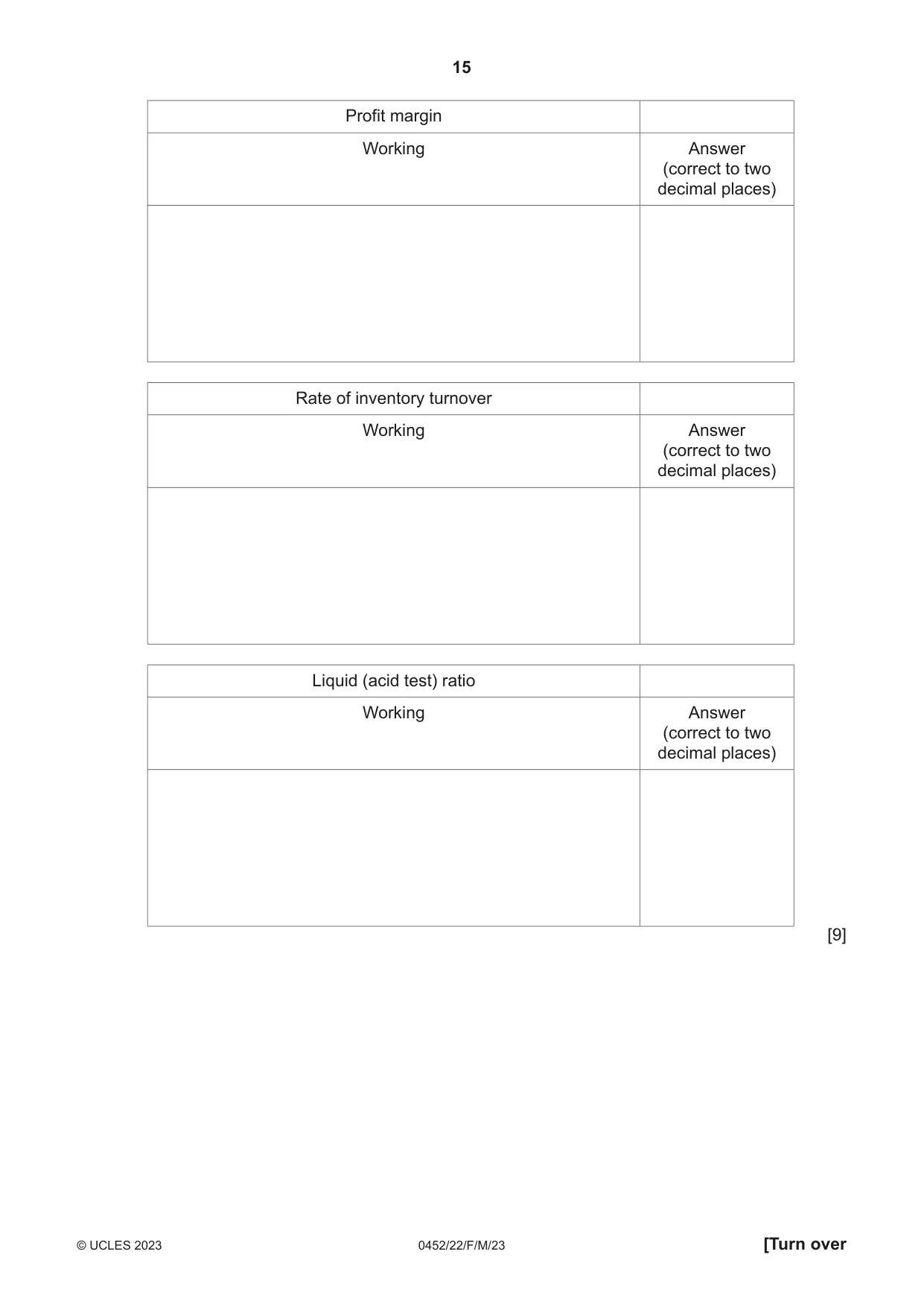 Cambridge IGCSE Accounting 0452 2023 Feb/March Paper 2 · Variant 2 question paper, page 15 of 24