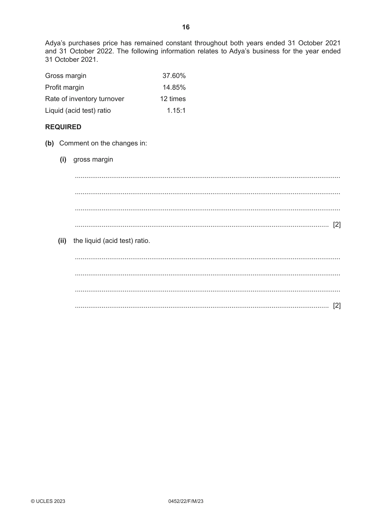 Cambridge IGCSE Accounting 0452 2023 Feb/March Paper 2 · Variant 2 question paper, page 16 of 24