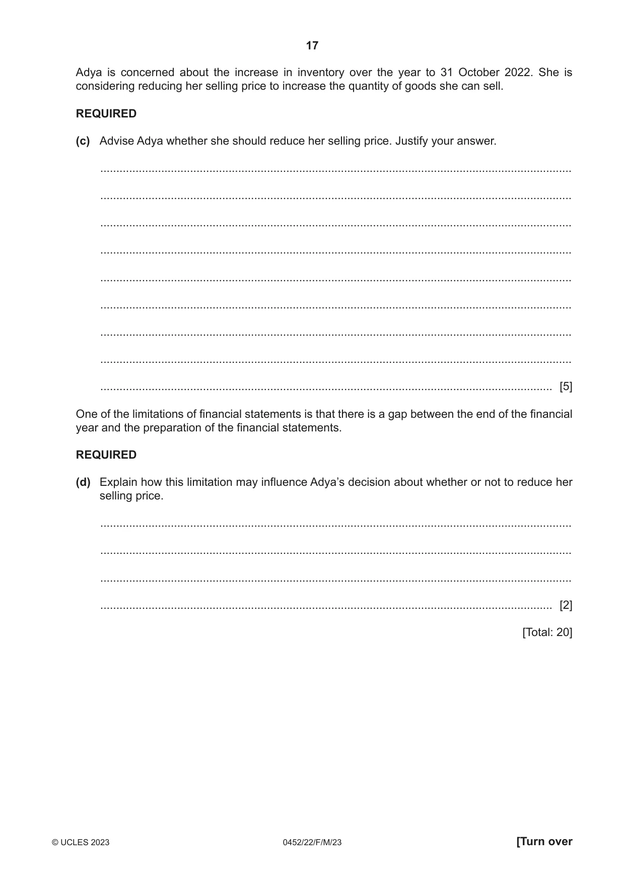 Cambridge IGCSE Accounting 0452 2023 Feb/March Paper 2 · Variant 2 question paper, page 17 of 24