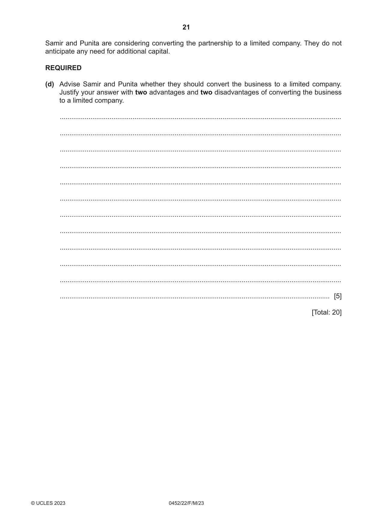 Cambridge IGCSE Accounting 0452 2023 Feb/March Paper 2 · Variant 2 question paper, page 21 of 24