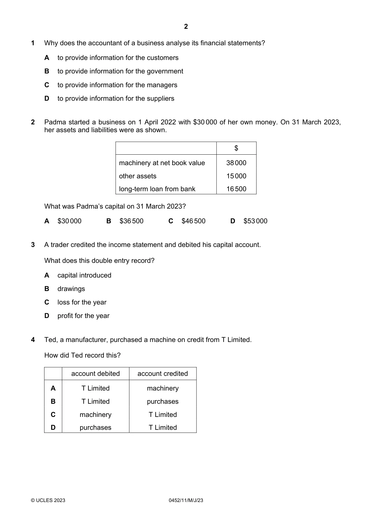 Cambridge IGCSE Accounting 0452 2023 May/June Paper 1 · Variant 1 question paper, page 2 of 12