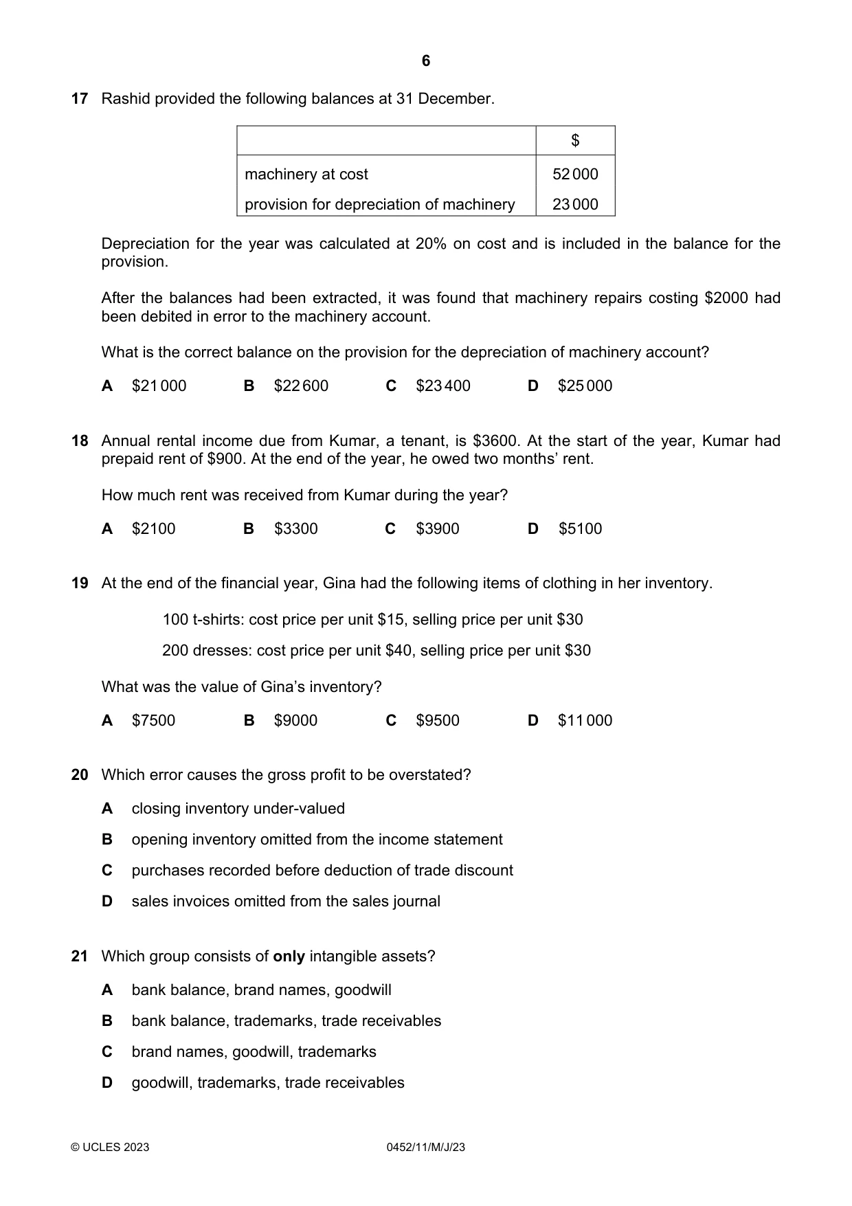 Cambridge IGCSE Accounting 0452 2023 May/June Paper 1 · Variant 1 question paper, page 6 of 12