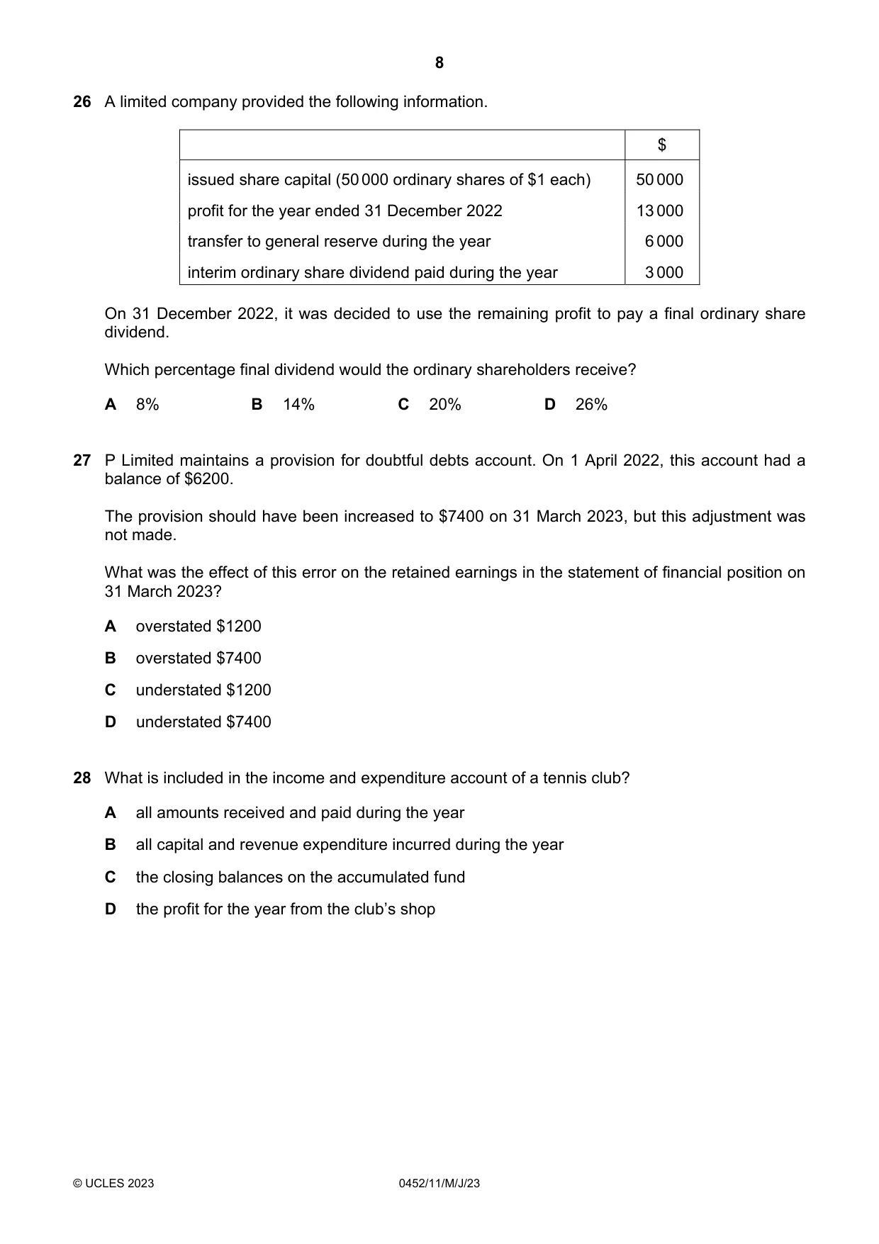 Cambridge IGCSE Accounting 0452 2023 May/June Paper 1 · Variant 1 question paper, page 8 of 12