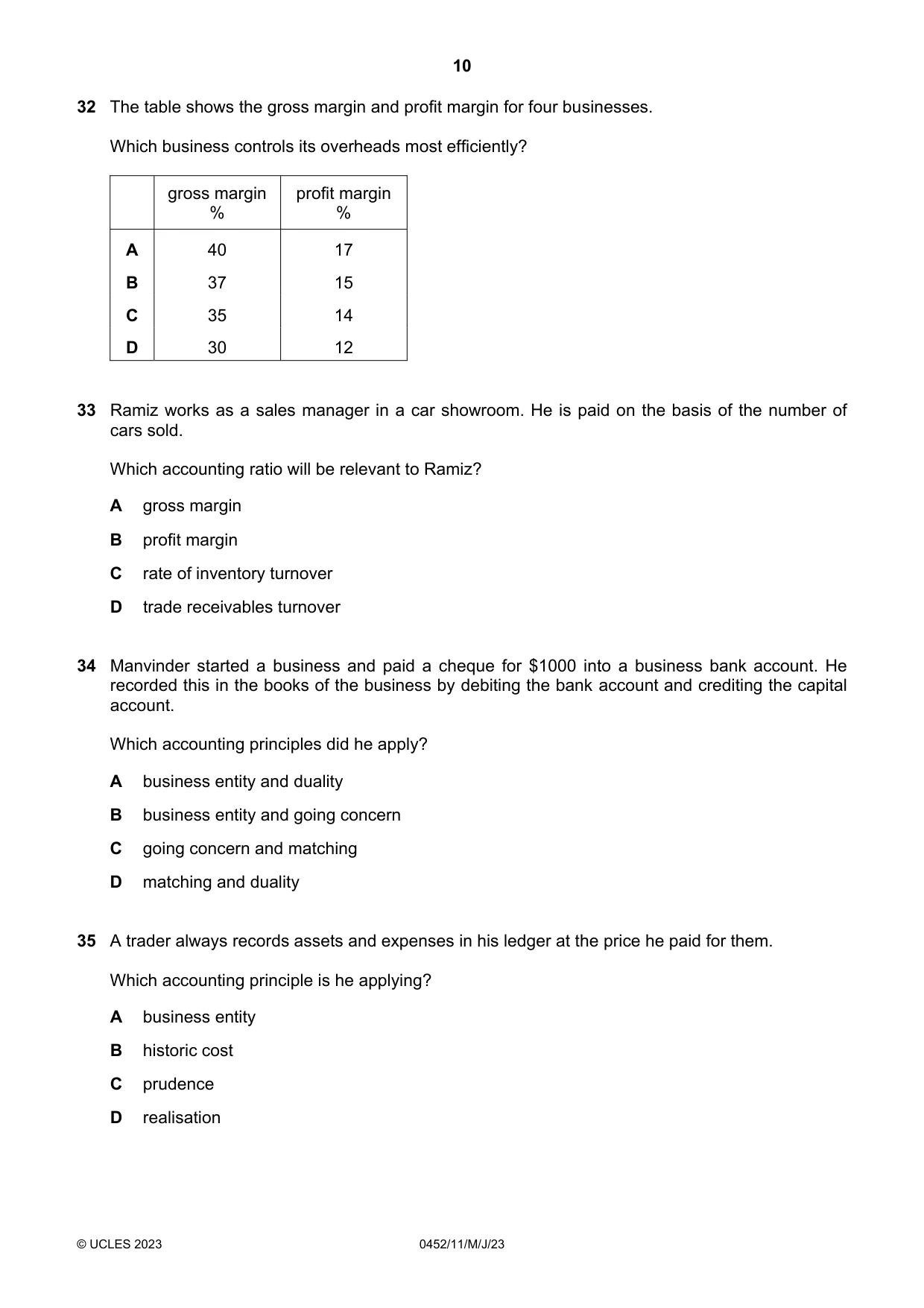 Cambridge IGCSE Accounting 0452 2023 May/June Paper 1 · Variant 1 question paper, page 10 of 12
