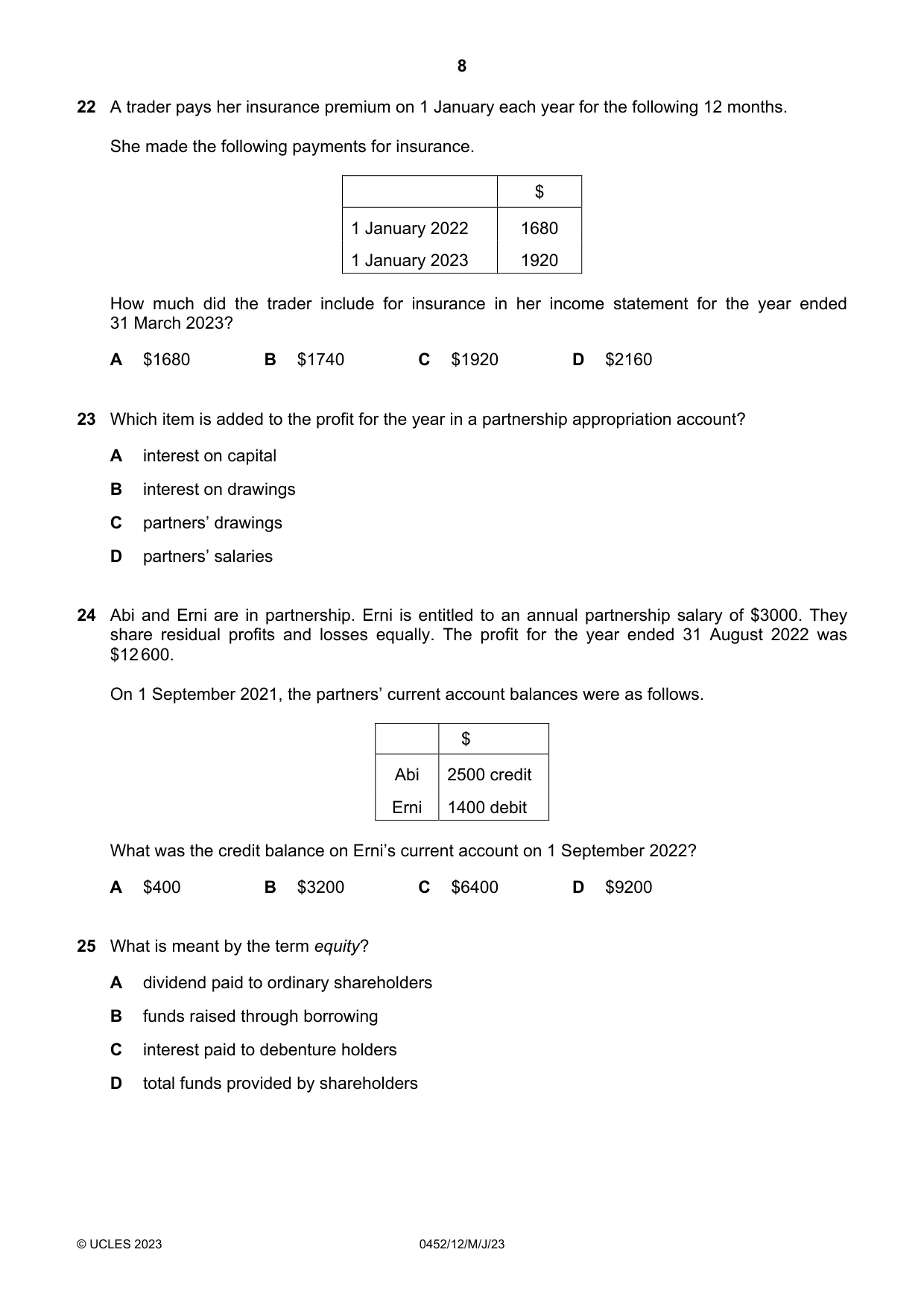 Cambridge IGCSE Accounting 0452 2023 May/June Paper 1 · Variant 2 question paper, page 8 of 12