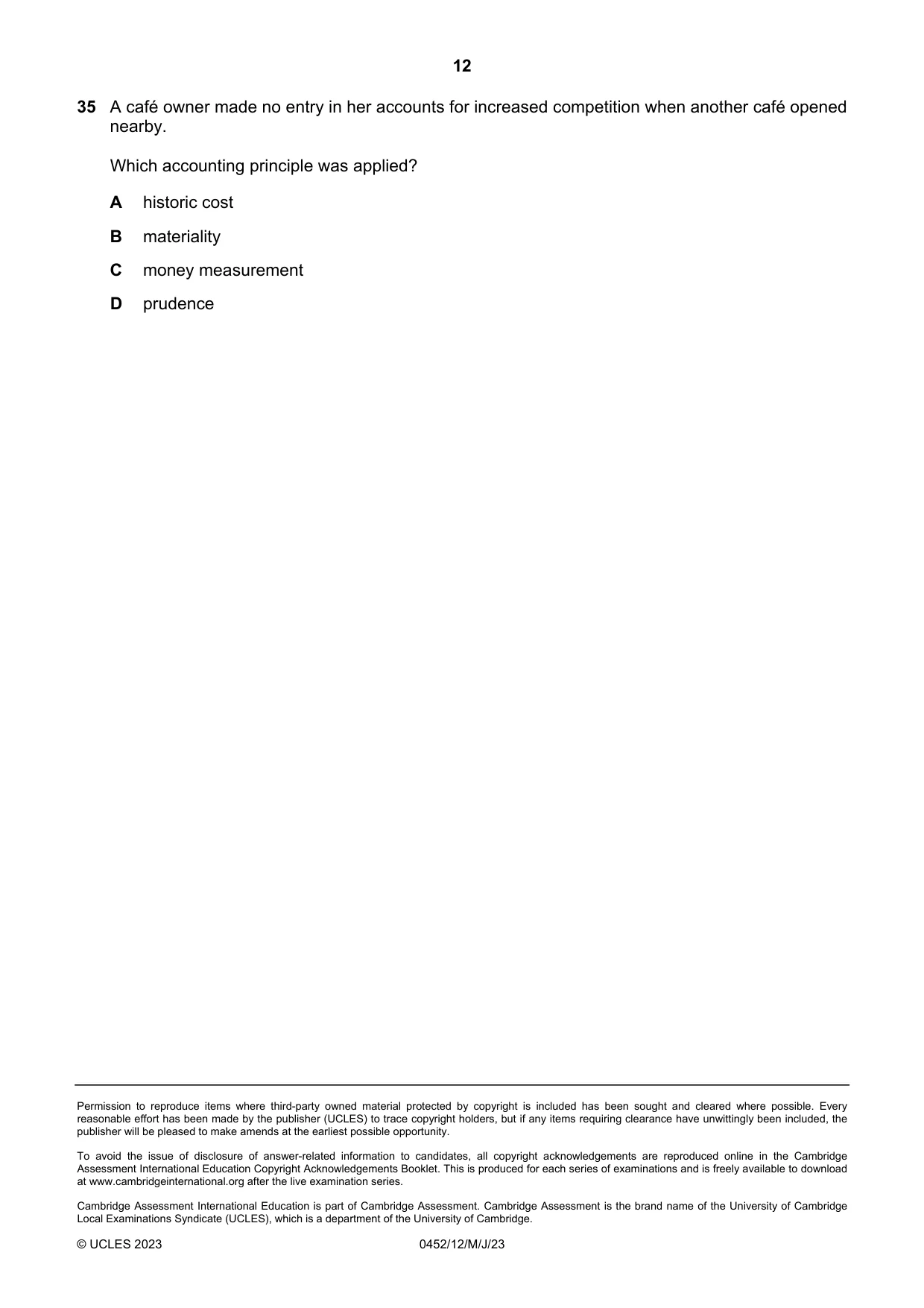 Cambridge IGCSE Accounting 0452 2023 May/June Paper 1 · Variant 2 question paper, page 12 of 12