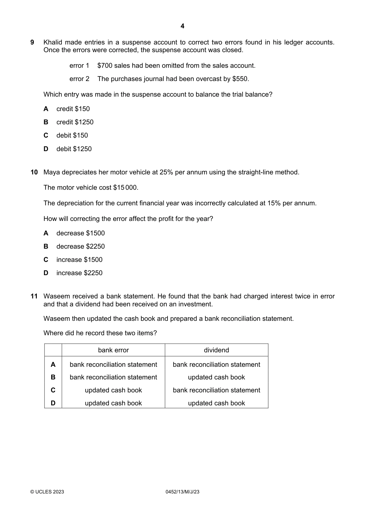 Cambridge IGCSE Accounting 0452 2023 May/June Paper 1 · Variant 3 question paper, page 4 of 12