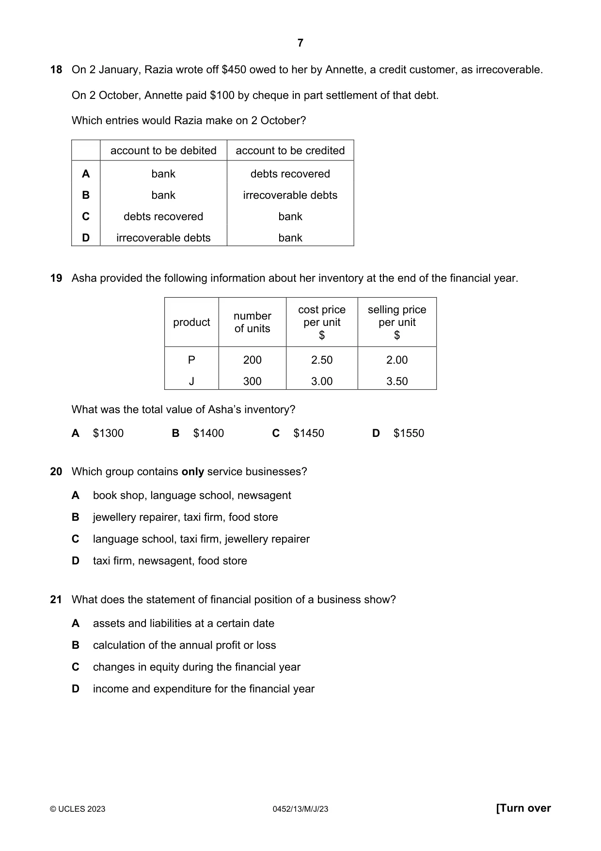 Cambridge IGCSE Accounting 0452 2023 May/June Paper 1 · Variant 3 question paper, page 7 of 12