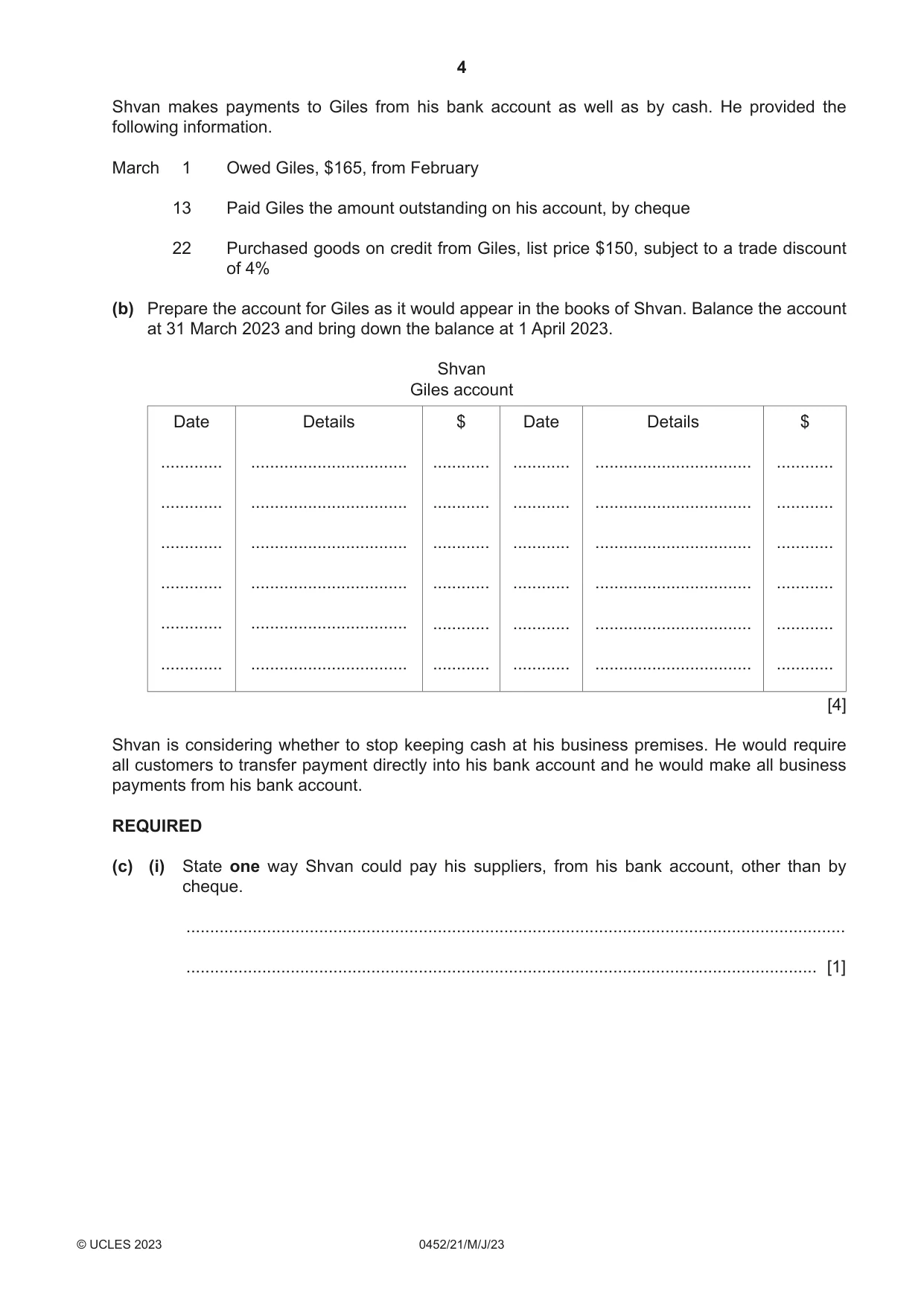 Cambridge IGCSE Accounting 0452 2023 May/June Paper 2 · Variant 1 question paper, page 4 of 20