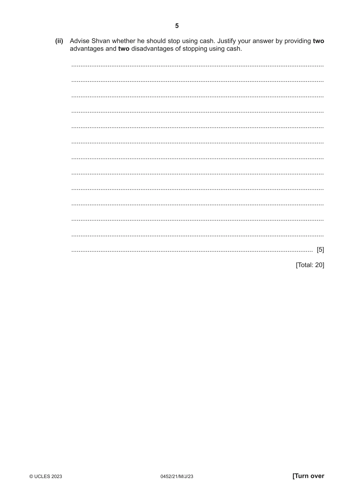 Cambridge IGCSE Accounting 0452 2023 May/June Paper 2 · Variant 1 question paper, page 5 of 20