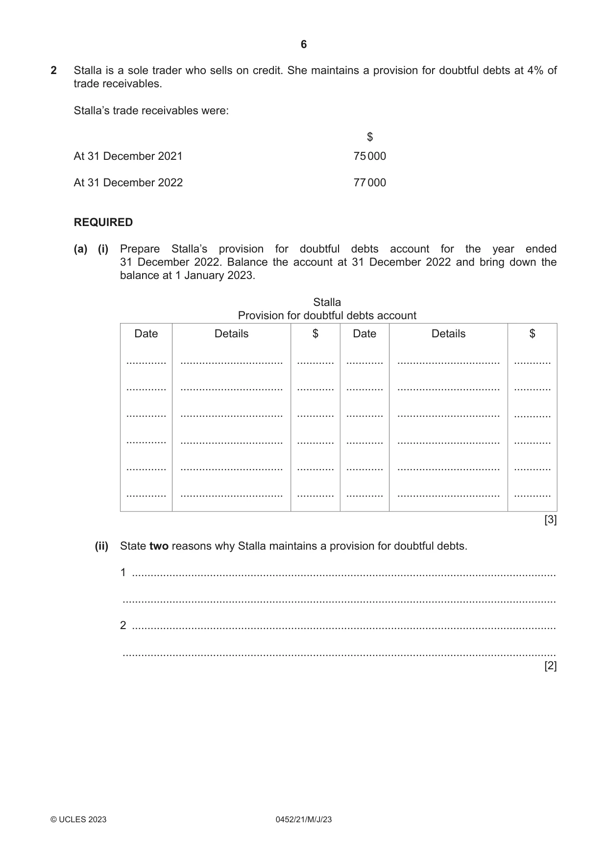 Cambridge IGCSE Accounting 0452 2023 May/June Paper 2 · Variant 1 question paper, page 6 of 20