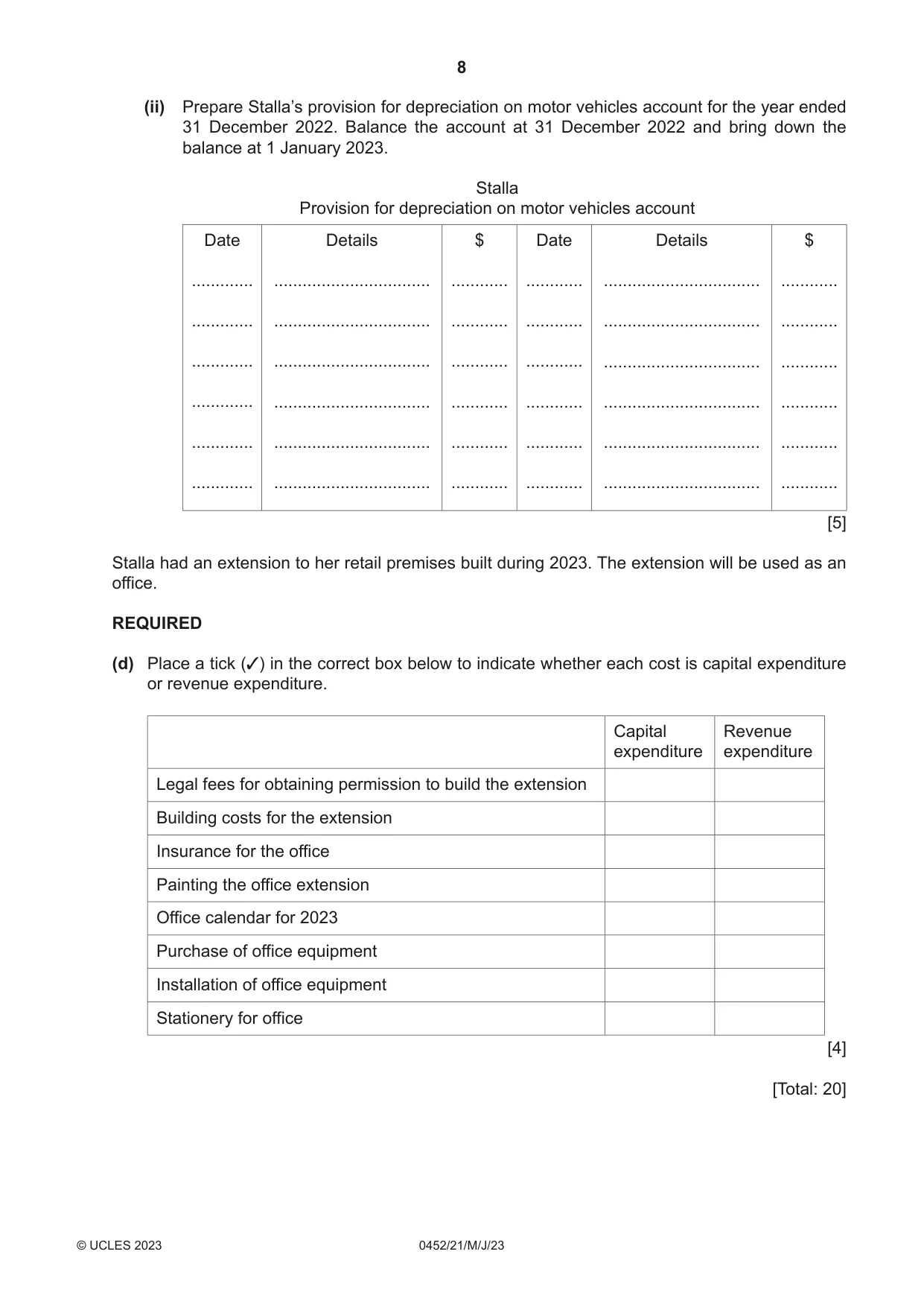 Cambridge IGCSE Accounting 0452 2023 May/June Paper 2 · Variant 1 question paper, page 8 of 20