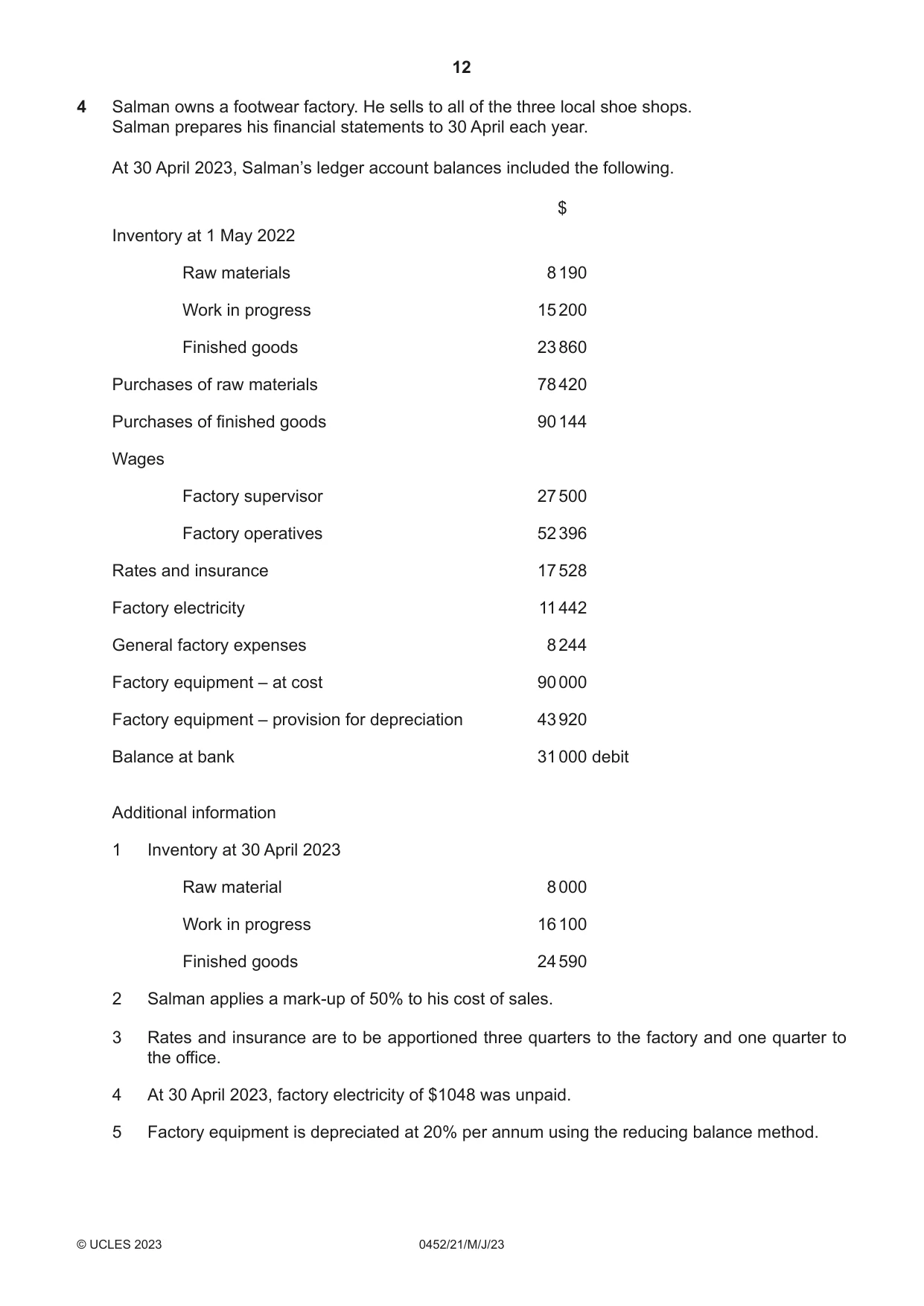 Cambridge IGCSE Accounting 0452 2023 May/June Paper 2 · Variant 1 question paper, page 12 of 20
