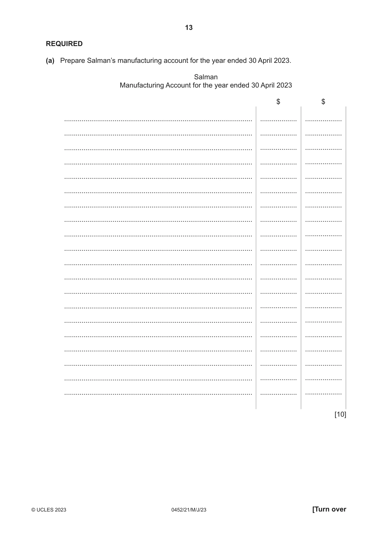 Cambridge IGCSE Accounting 0452 2023 May/June Paper 2 · Variant 1 question paper, page 13 of 20
