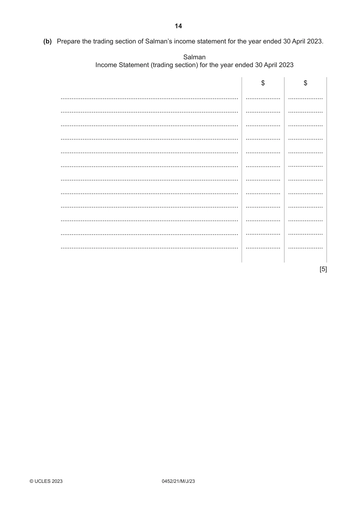 Cambridge IGCSE Accounting 0452 2023 May/June Paper 2 · Variant 1 question paper, page 14 of 20