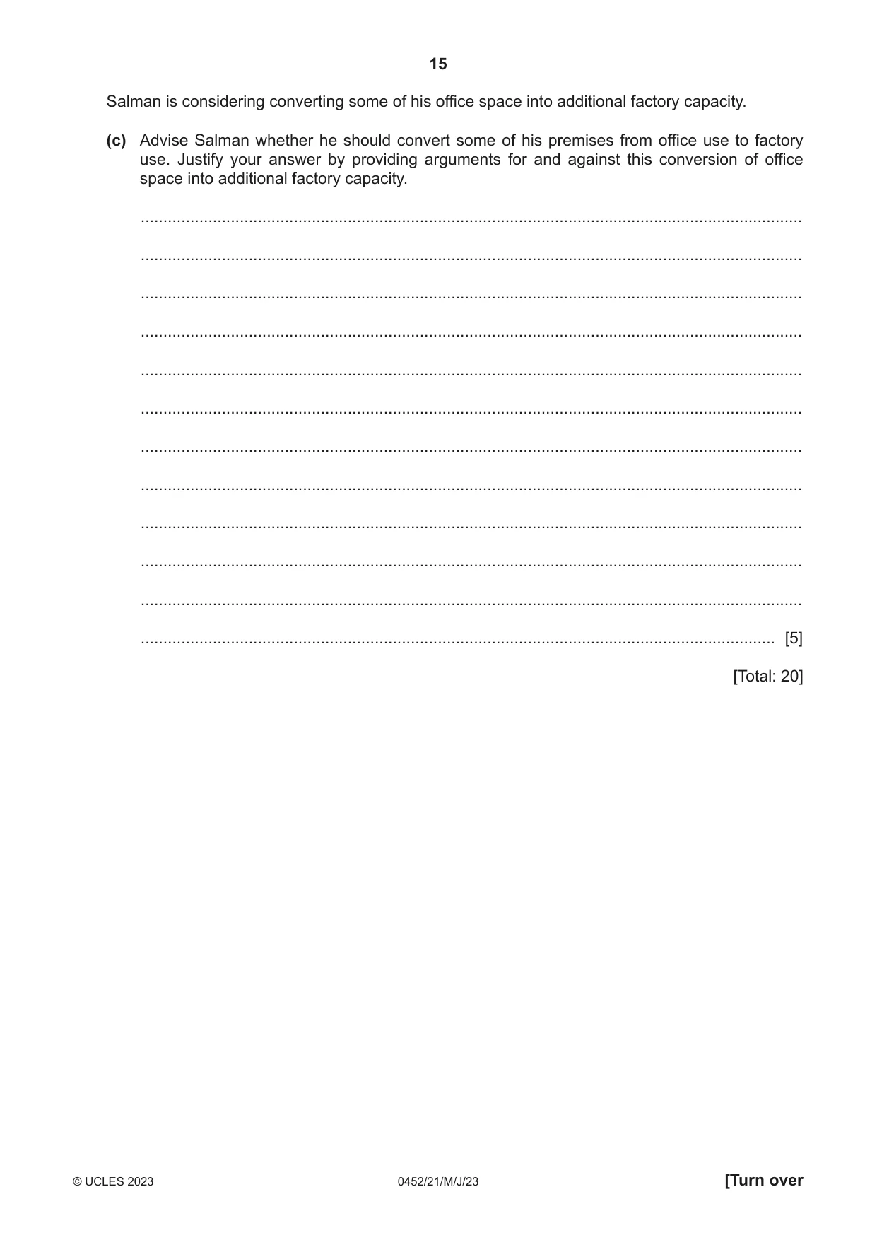 Cambridge IGCSE Accounting 0452 2023 May/June Paper 2 · Variant 1 question paper, page 15 of 20