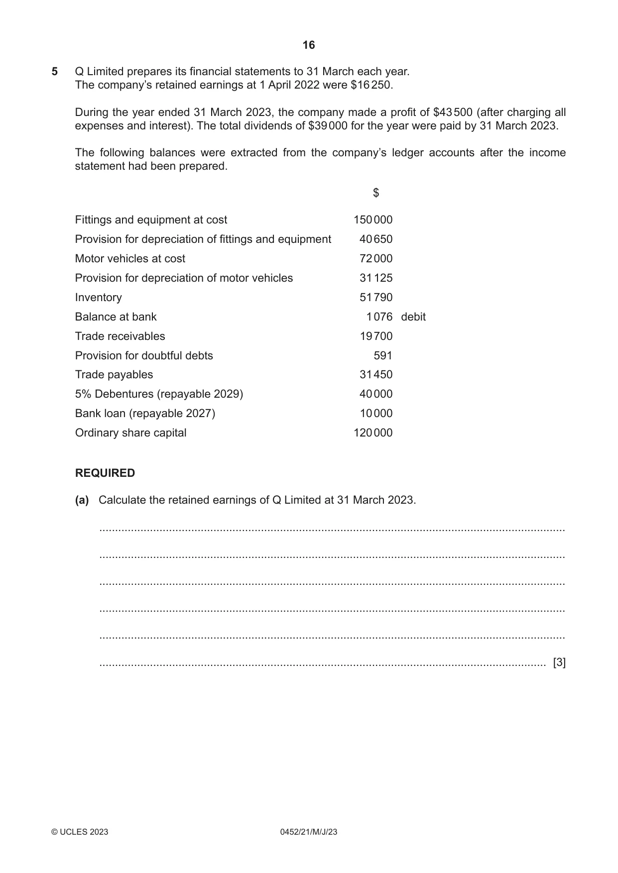 Cambridge IGCSE Accounting 0452 2023 May/June Paper 2 · Variant 1 question paper, page 16 of 20
