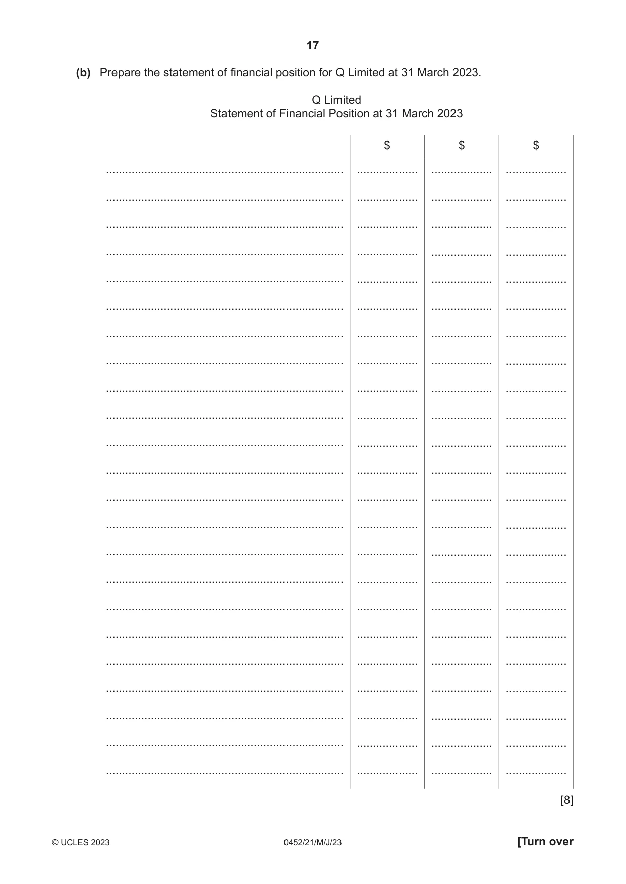 Cambridge IGCSE Accounting 0452 2023 May/June Paper 2 · Variant 1 question paper, page 17 of 20